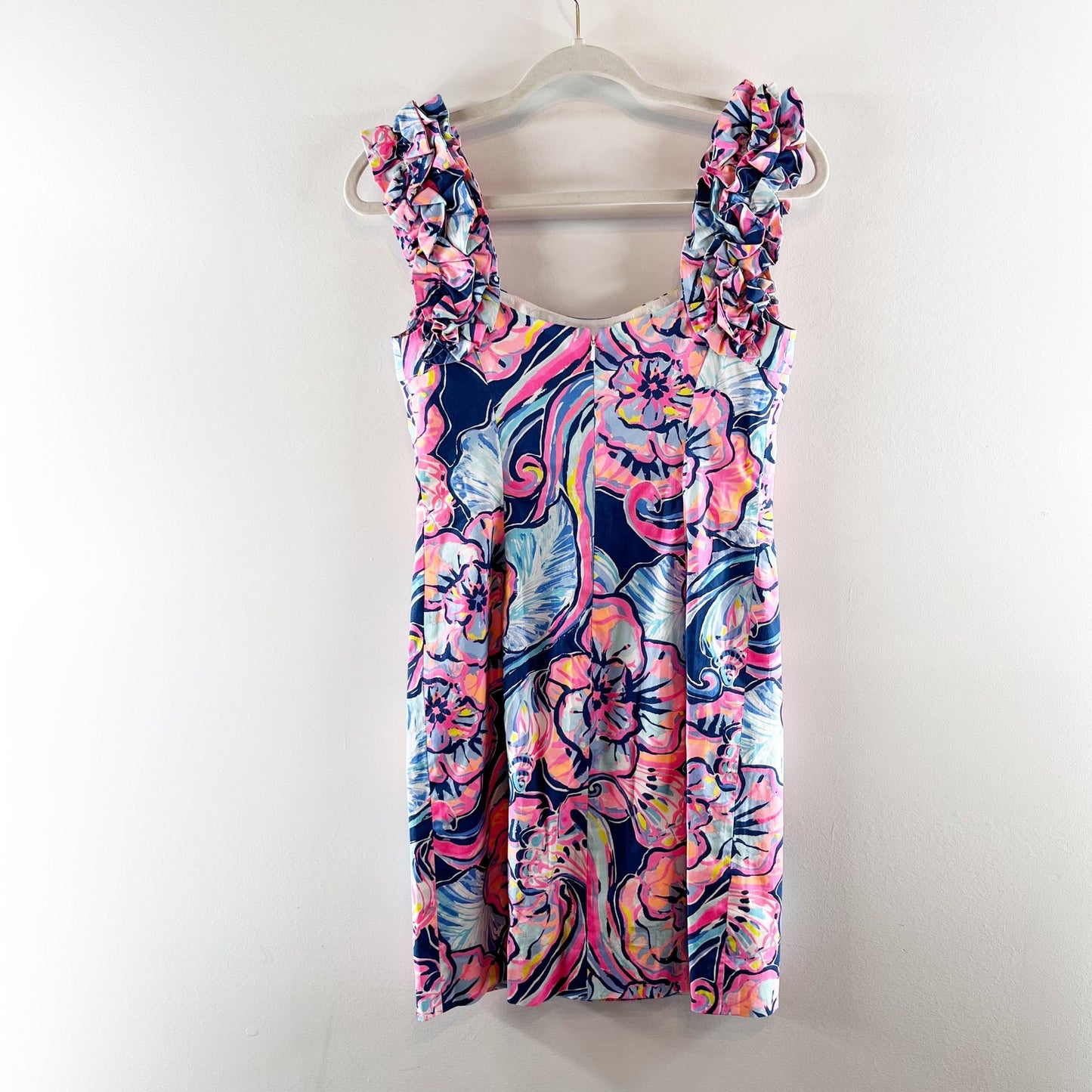 Lilly Pulitzer Devina Floral Ruffle Strap Stretch Mini Sheath Dress Navy Pink 00