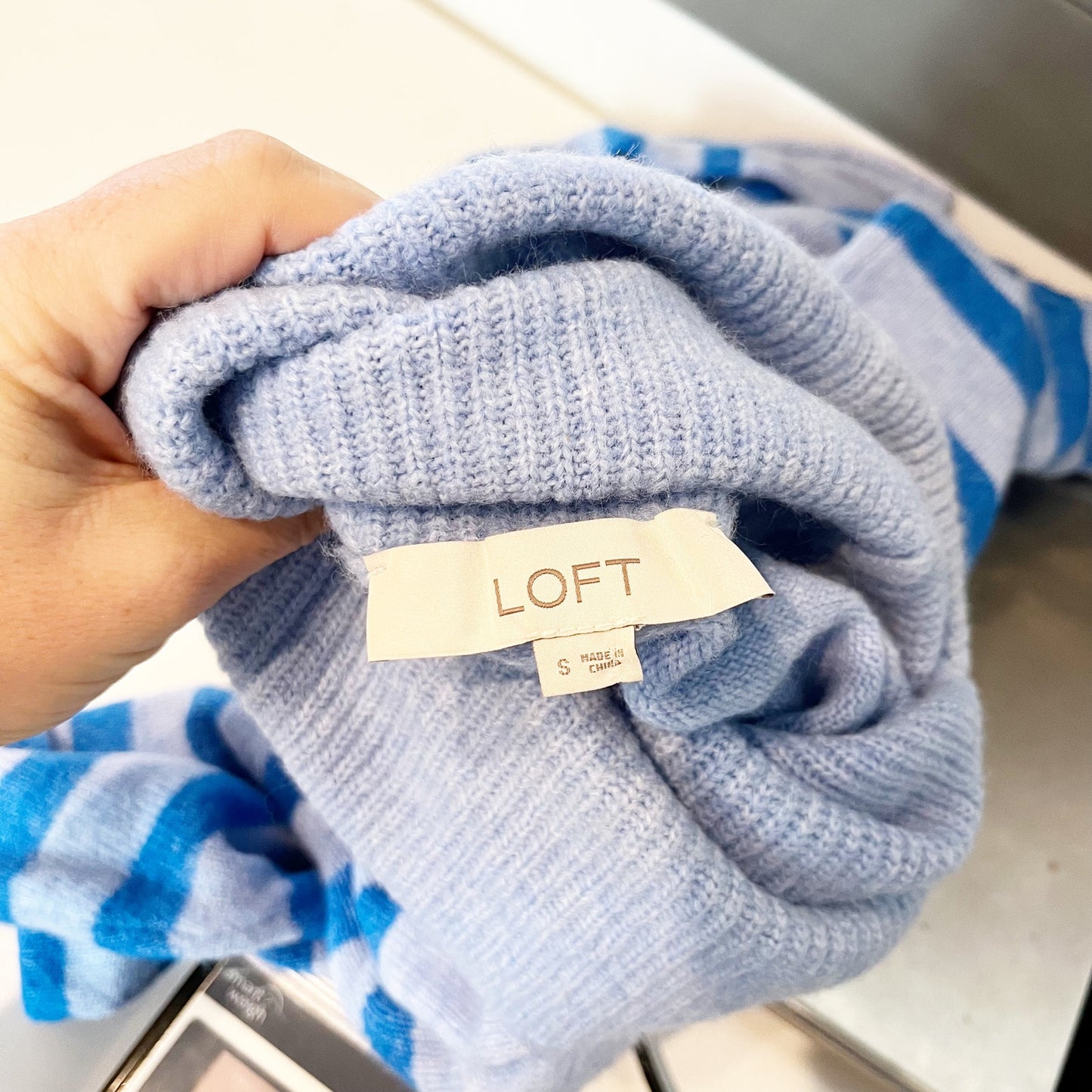 Loft Striped Long Sleeve Turtleneck Knit Pullover Tunic Sweater Blue Small