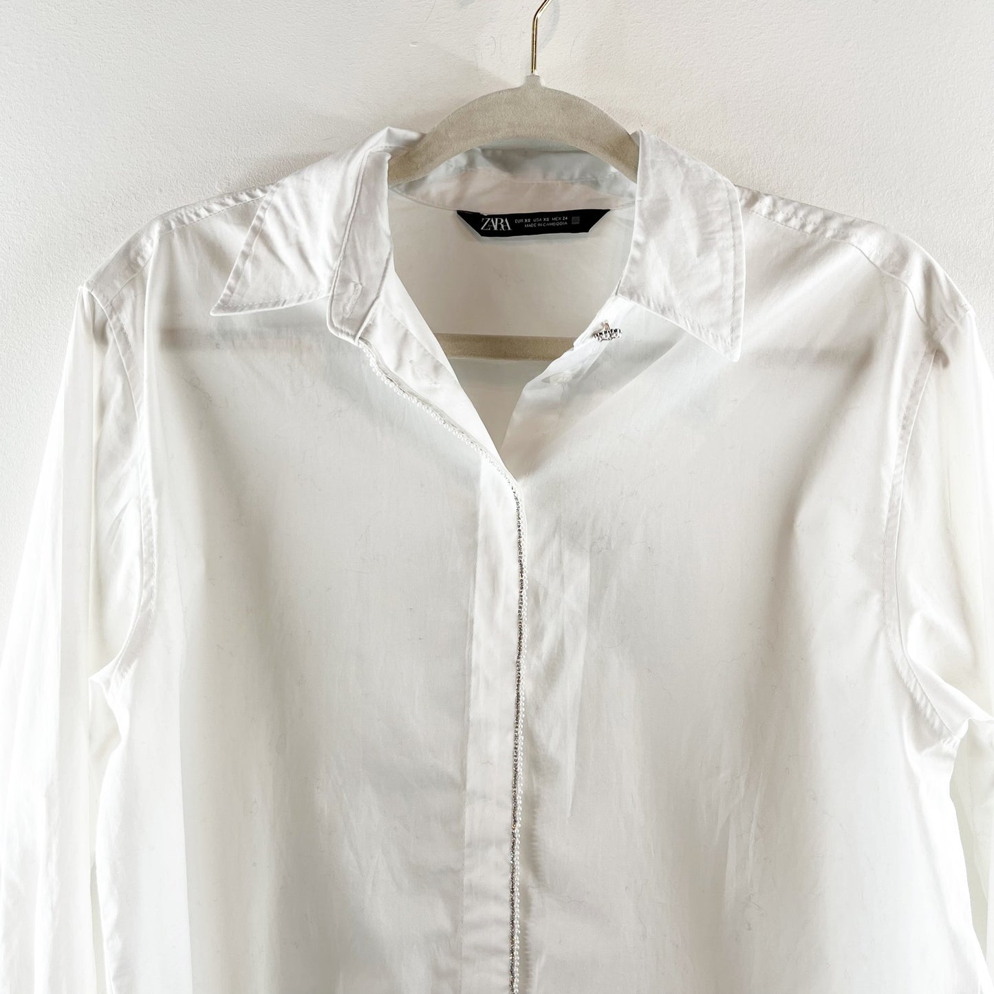 ZARA Rhinestone Trim Crystal Oversized Button Down Shirt White XS