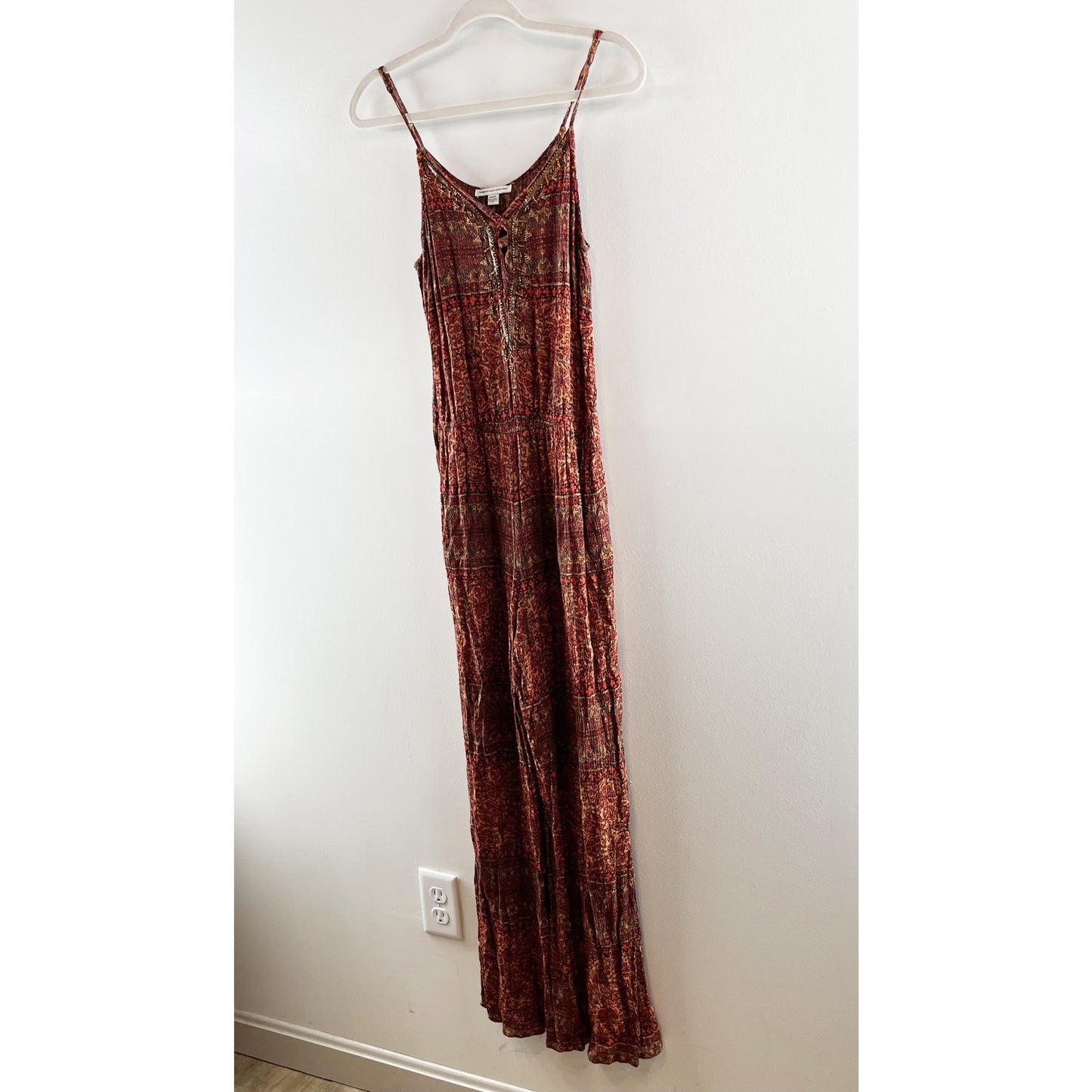 American Eagle Wide Leg Boho Print One Piece Sleeveless Jumpsuit Red Orange M