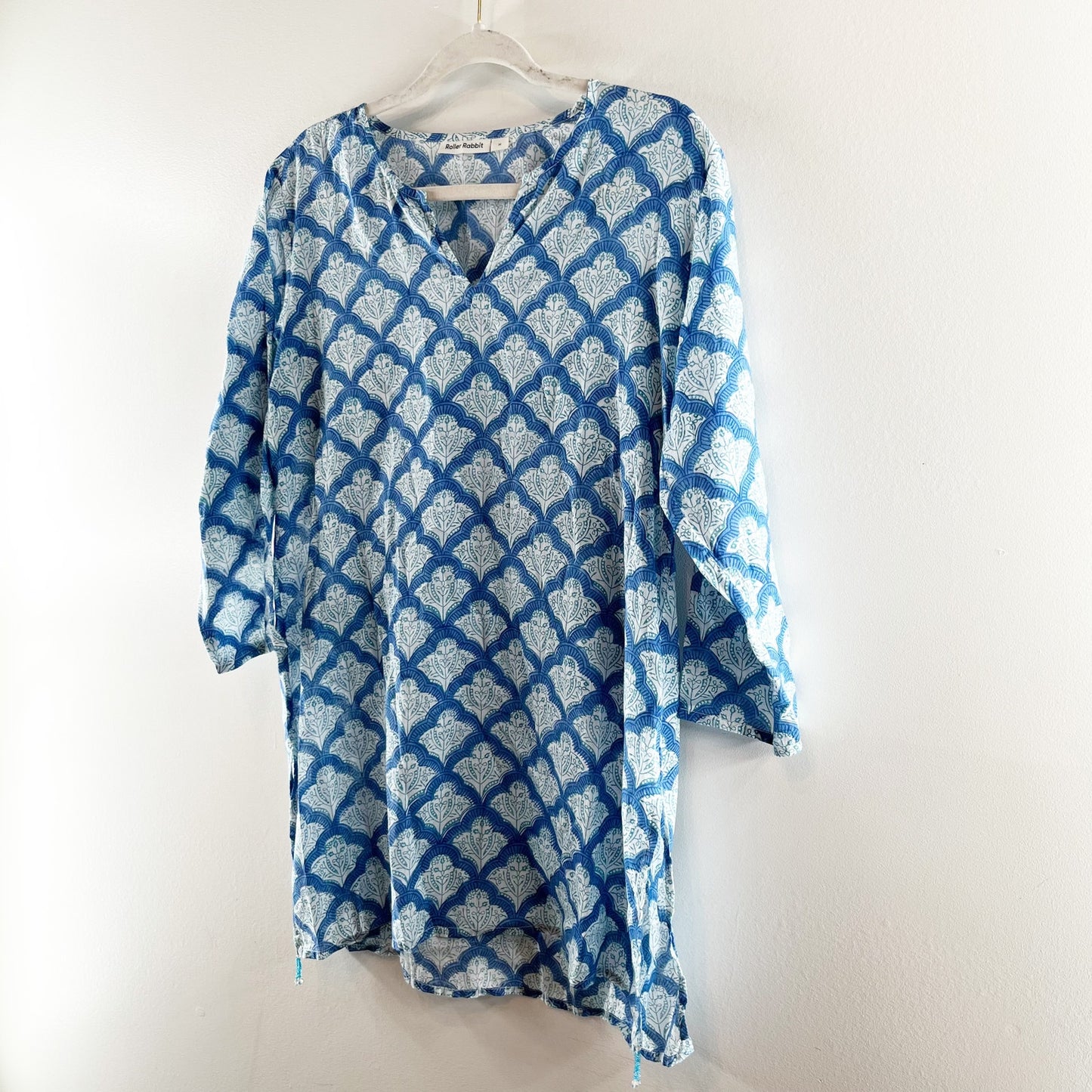 Roller Rabbit Jemina Kurta 3/4 Sleeve Split Neck Tunic Top Blue White Medium