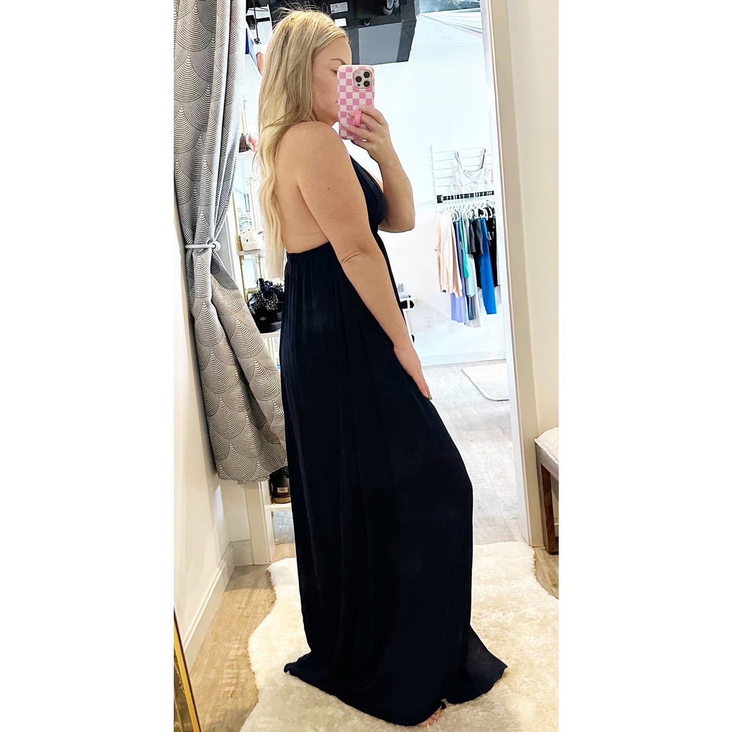 Show Me Your Mumu Plunge V Neck Halter Lined Maxi Gown Dress Navy Blue Medium