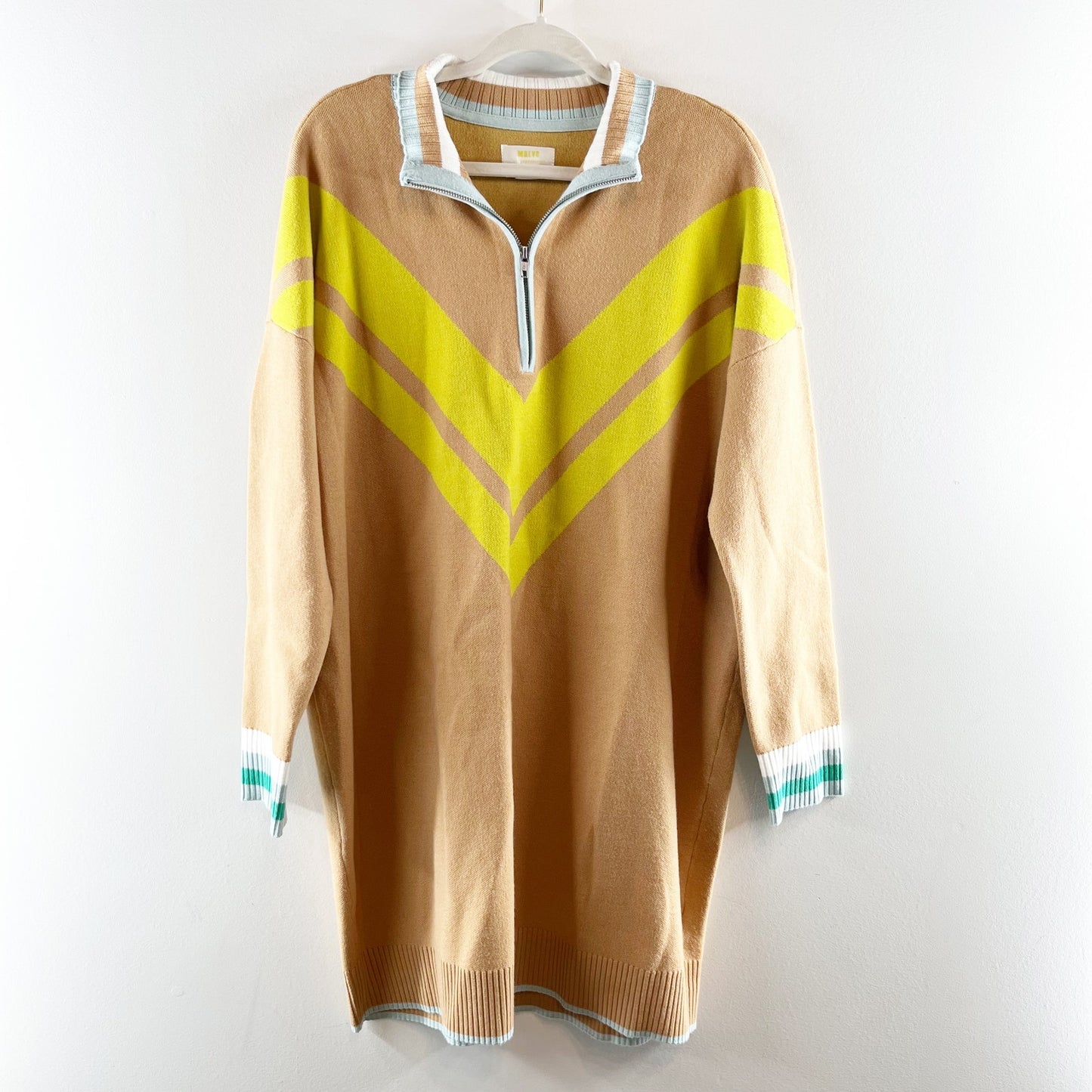 Maeve Anthropologie Varsity Half-Zip Tunic Mini Dress Neutral Tan Yellow Large