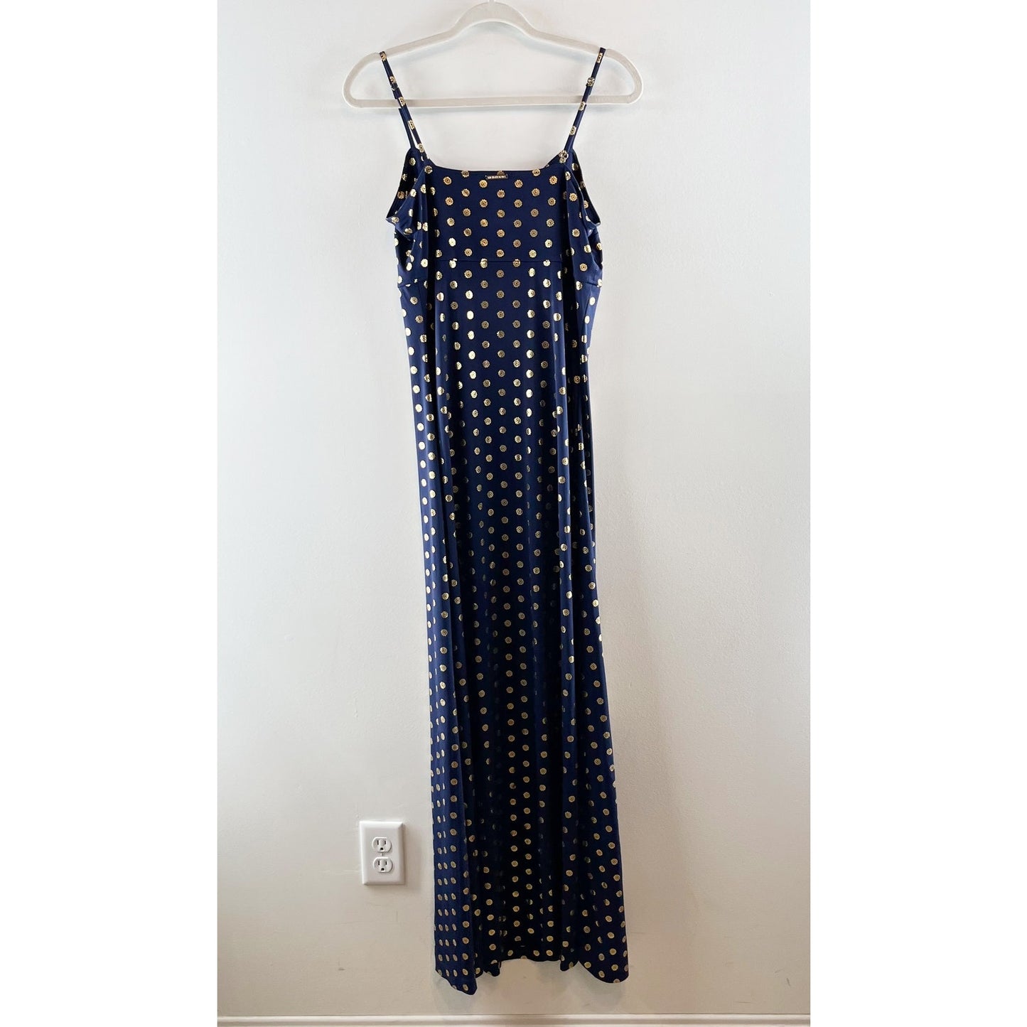 Michael Kors Medallion Foil Print Sleeveless Maxi Dress Navy Blue Gold Medium