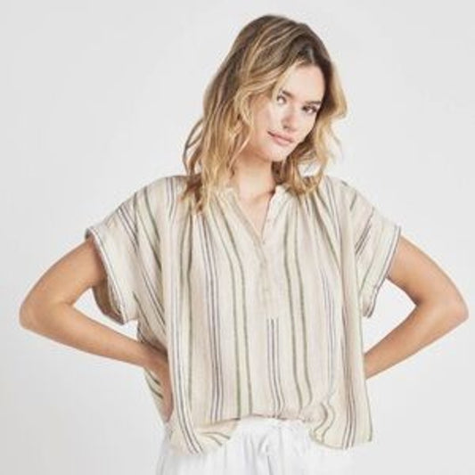 Splendid Short Sleeve Linen Blend Striped Basic Tee Shirt Top Blouse Tan XS