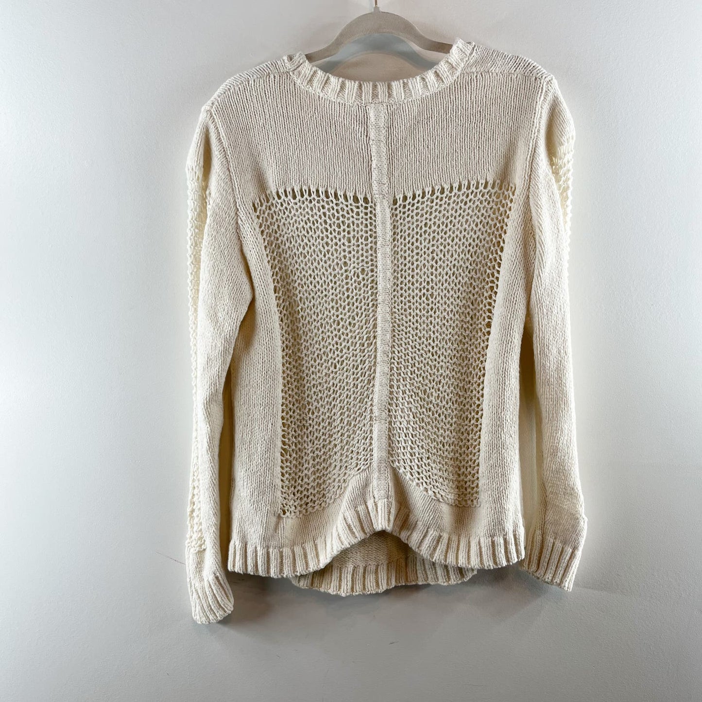 Theonne Anthropologie Crochet Crewneck Pullover Sweater Off White Ivory Medium