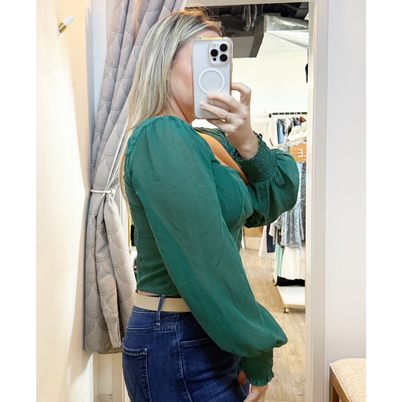 Abercrombie & Fitch Long Sleeve Sweetheart Neck Smocked Back Corset Top Green L