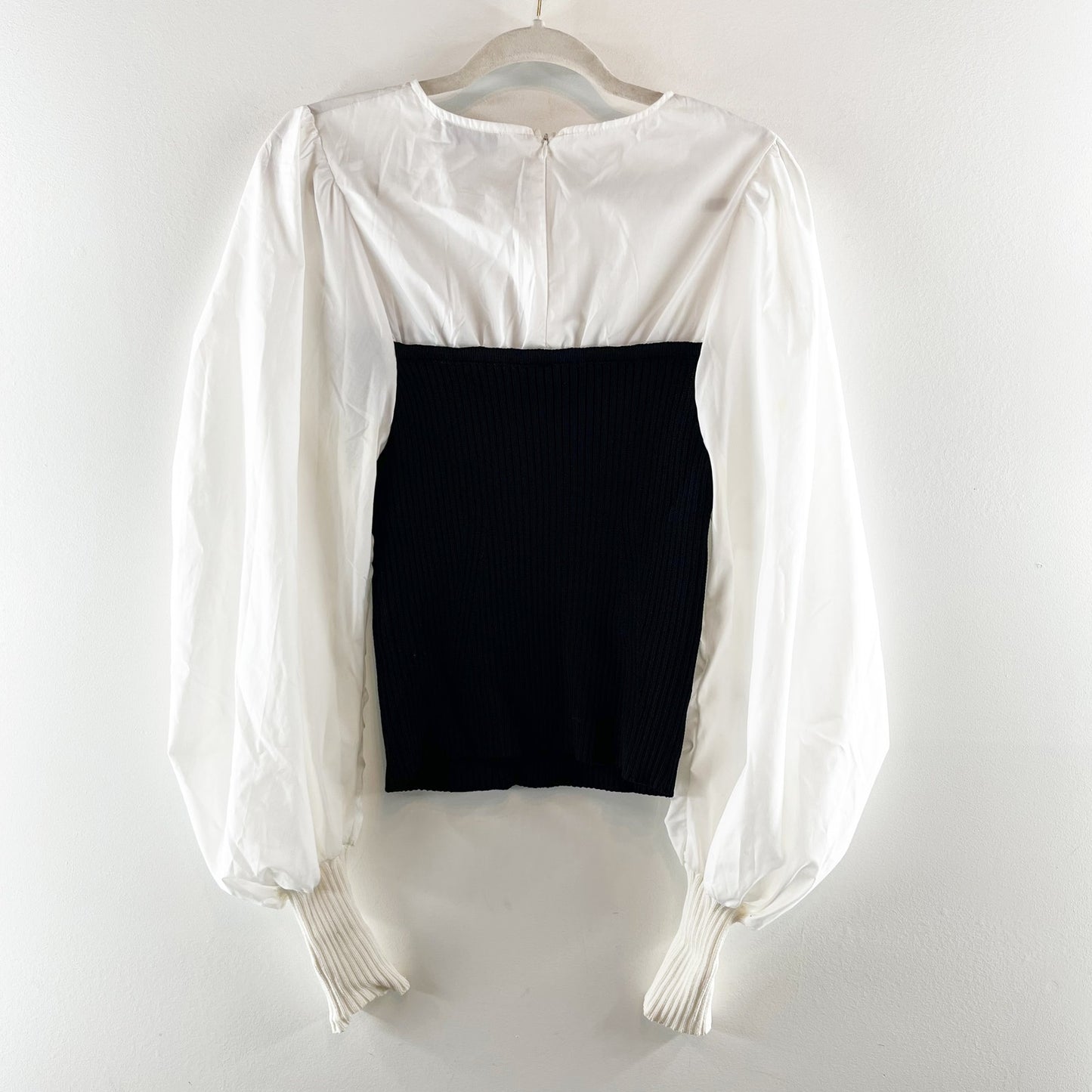 En Saison Mixed Media Long Sleeve Sweetheart Neck Top White Black Small