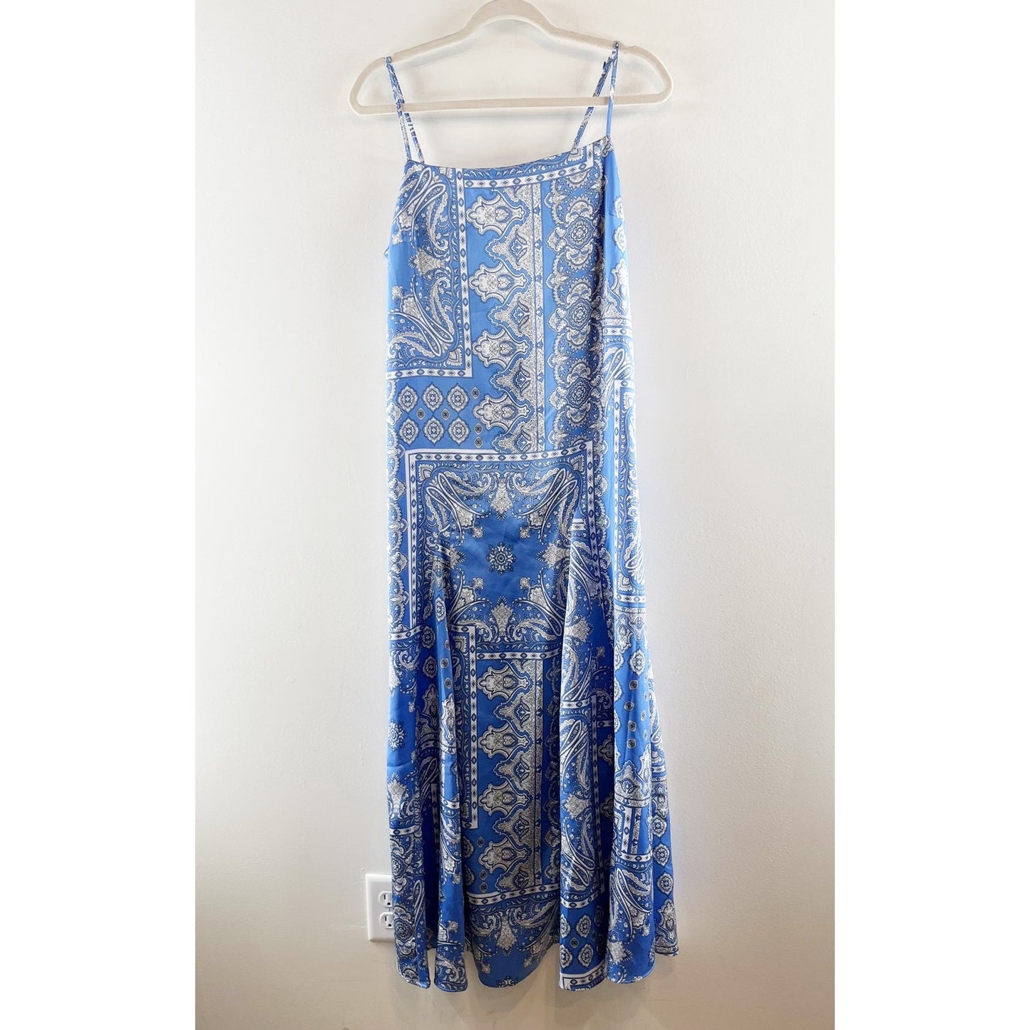 Loft Square Neck Bandana Print Slip Midi Satin Dress Blue 8