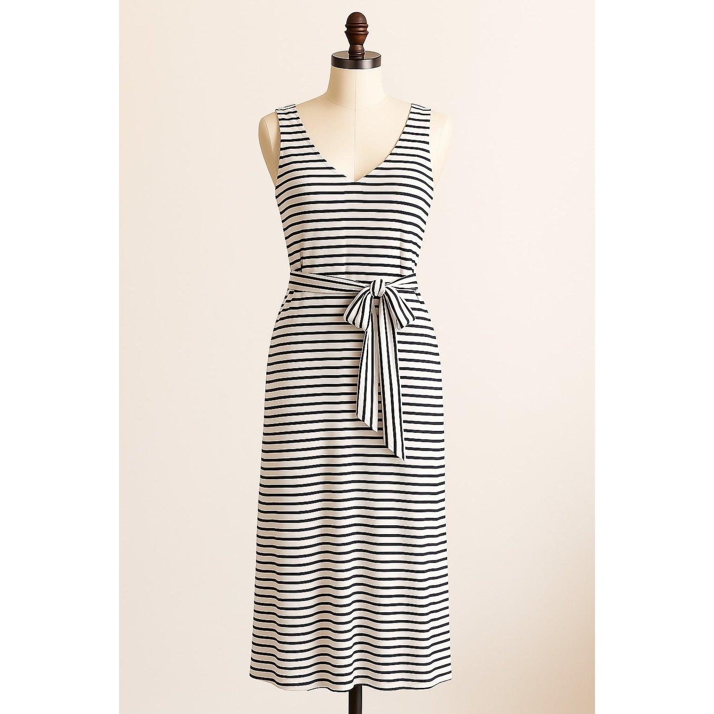 Vineyard Vines V Neck Sleeveless Belted Tank Midi Dress White Black XS
