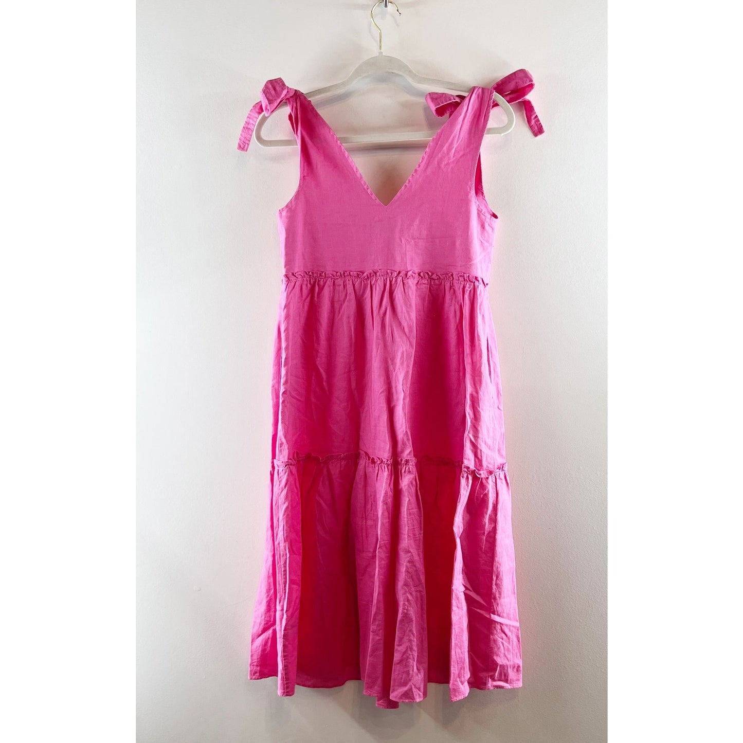 Petal + Pup Erenda Linen Blend Tie-Shoulder Tiered Midi Dress Hot Pink 2