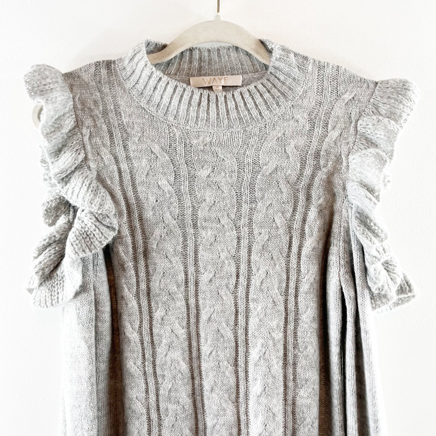 Wayf Mock Neck Cold Shoulder Cable Knit Mini Sweater Dress Oatmeal/Grey Medium