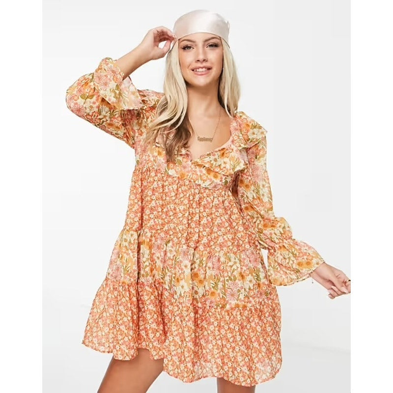 Glamorous Frill Detail Floral Long Sleeve Mini Dress Peach Orange Medium