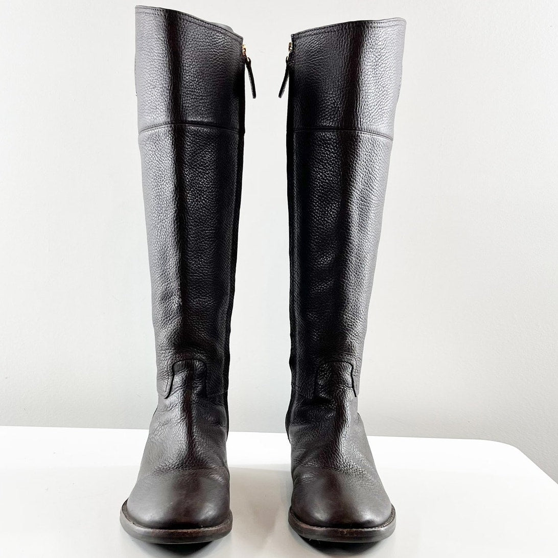 Tory Burch Junction Tumbled Leather Block Heel Knee High Riding Boot Brown 8