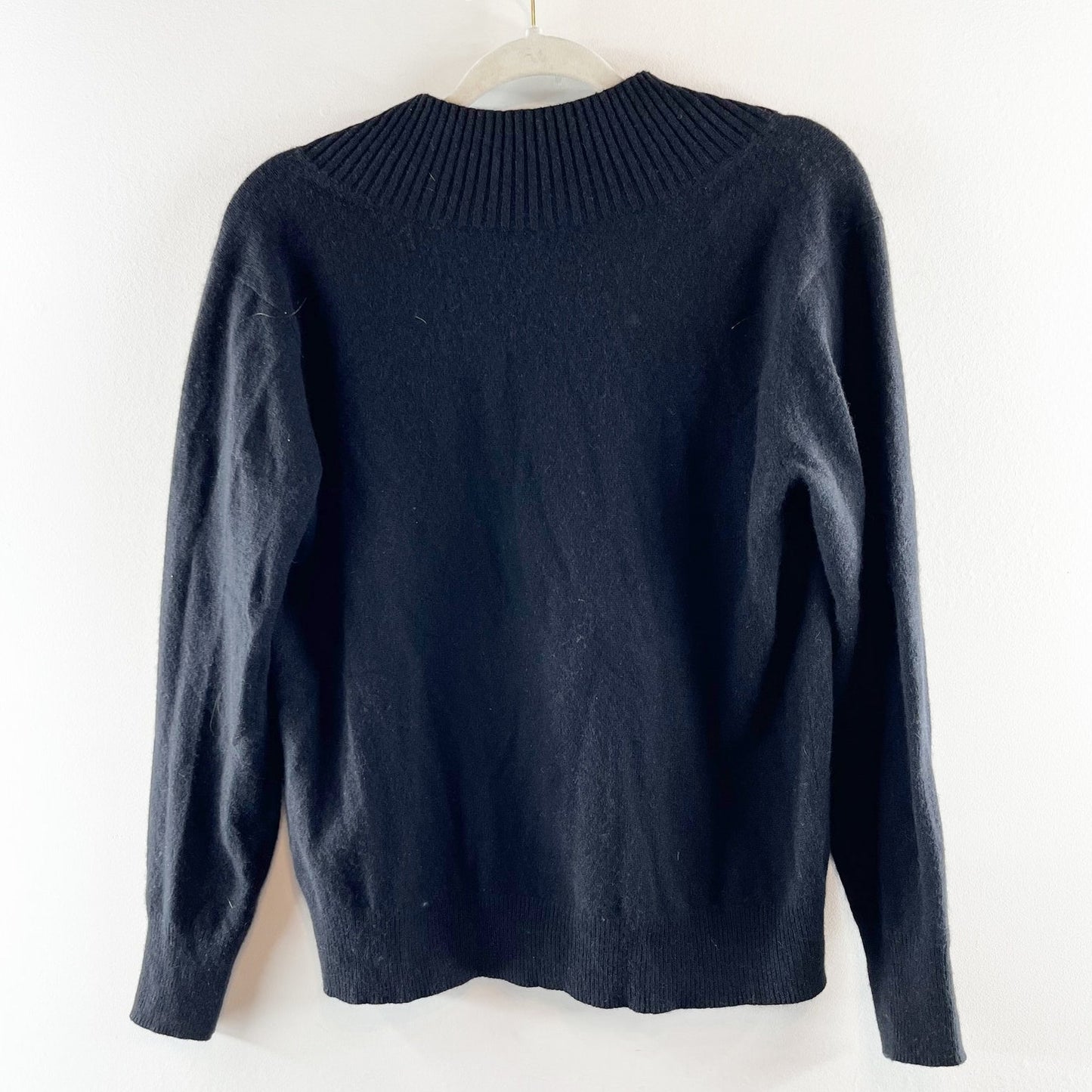 360 Cashmere Ribbed Trim Mock Neck Tie Back Pullover Sweater Black Small