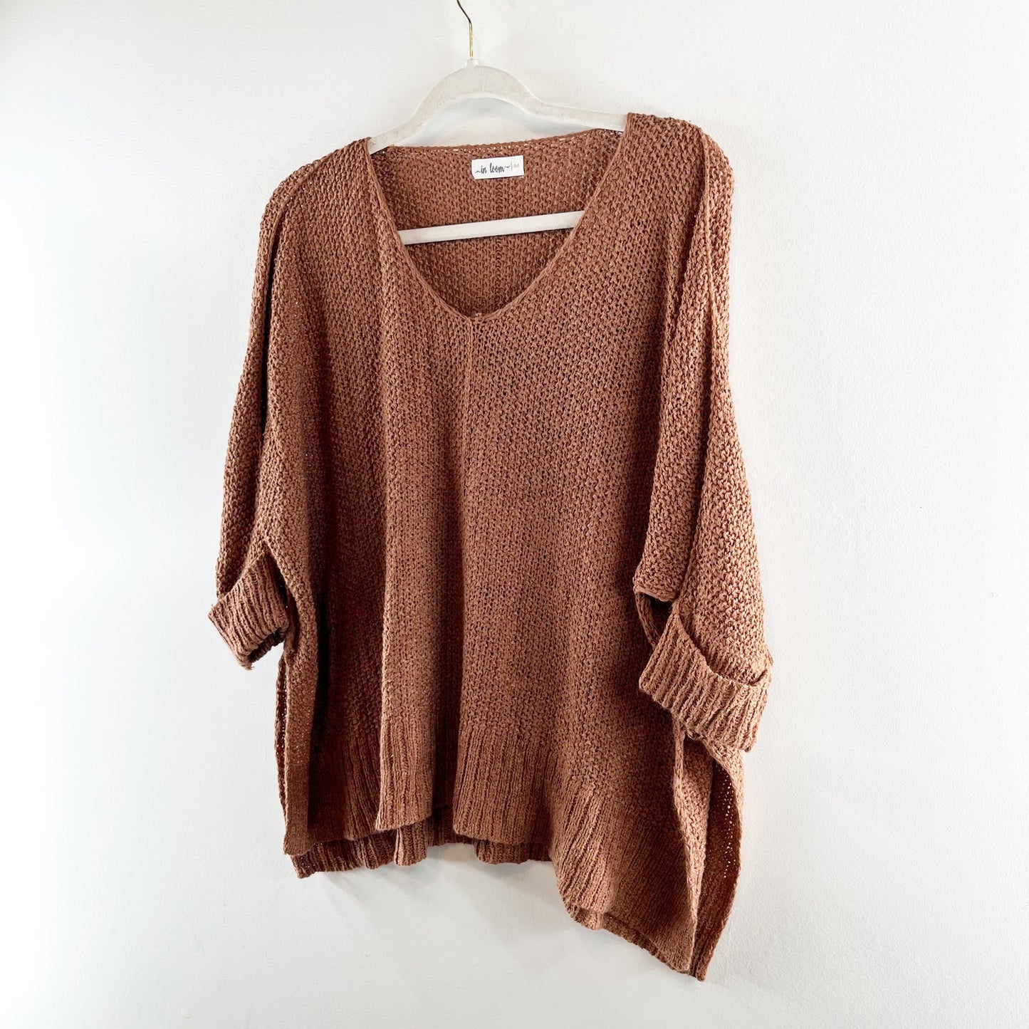 In Loom V Neck Slouchy Crochet 3/4 Cuffed Sleeve Sweater Brown XS / S