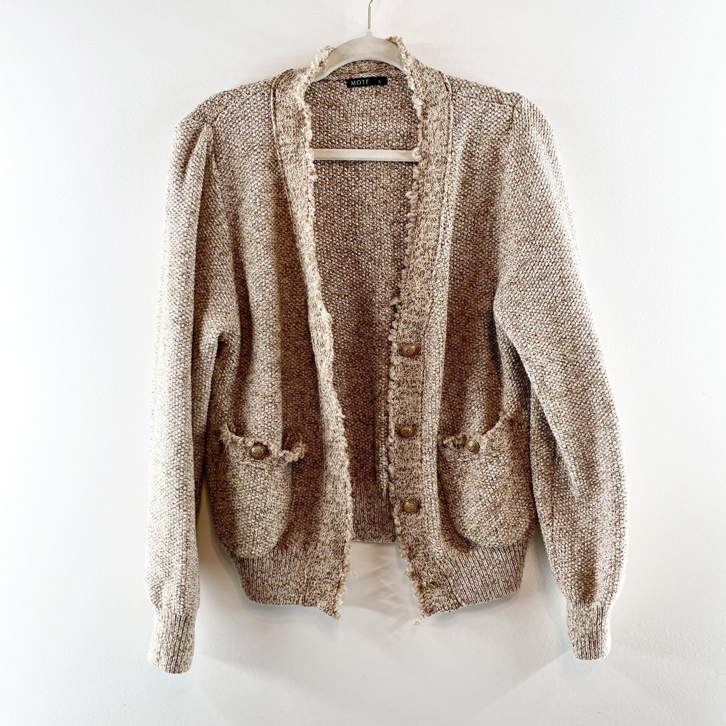 MOTF Distressed Cropped Slouchy Cardigan Sweater Khaki Tan Large