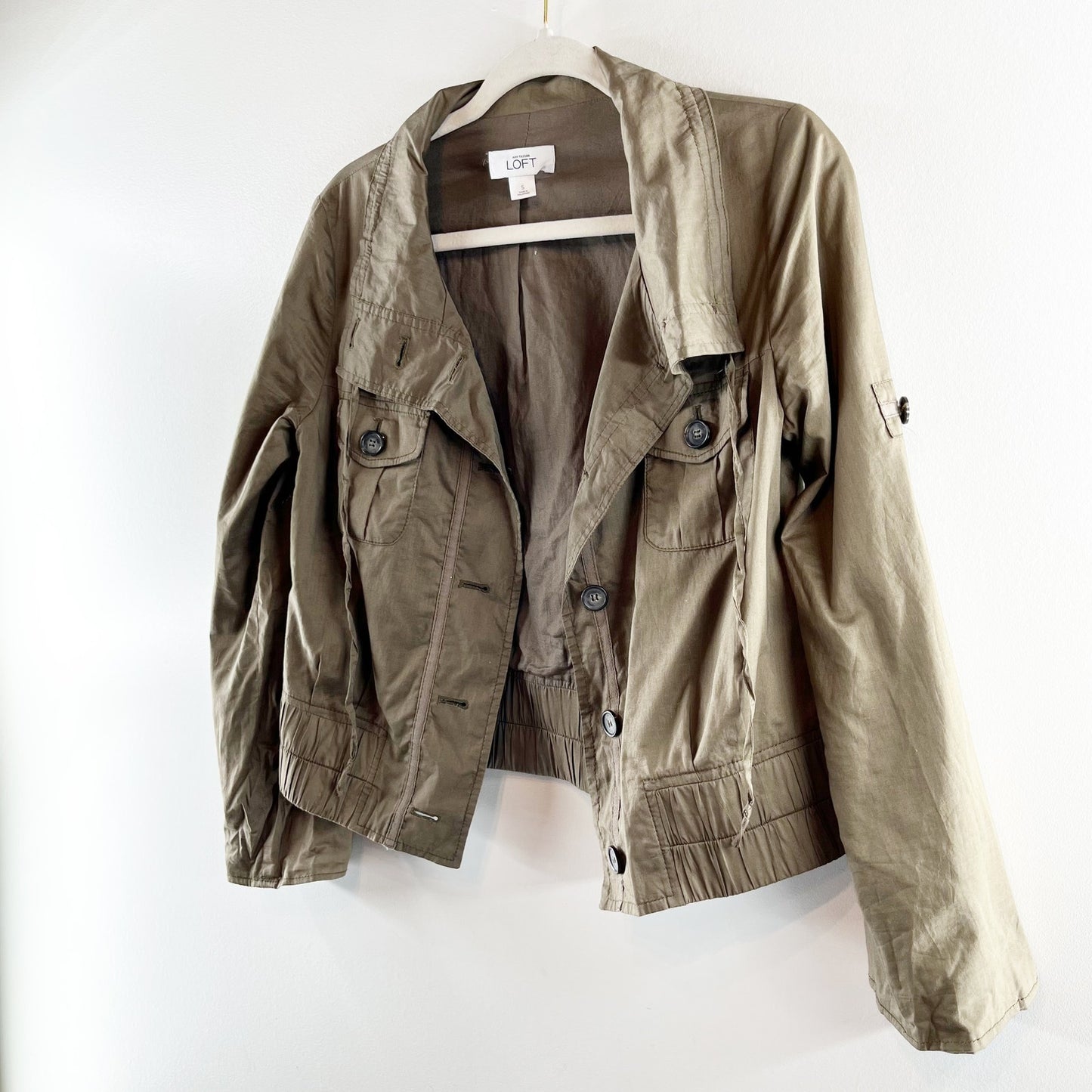LOFT Long Sleeve Button Up Cropped Utility Jacket Green Small