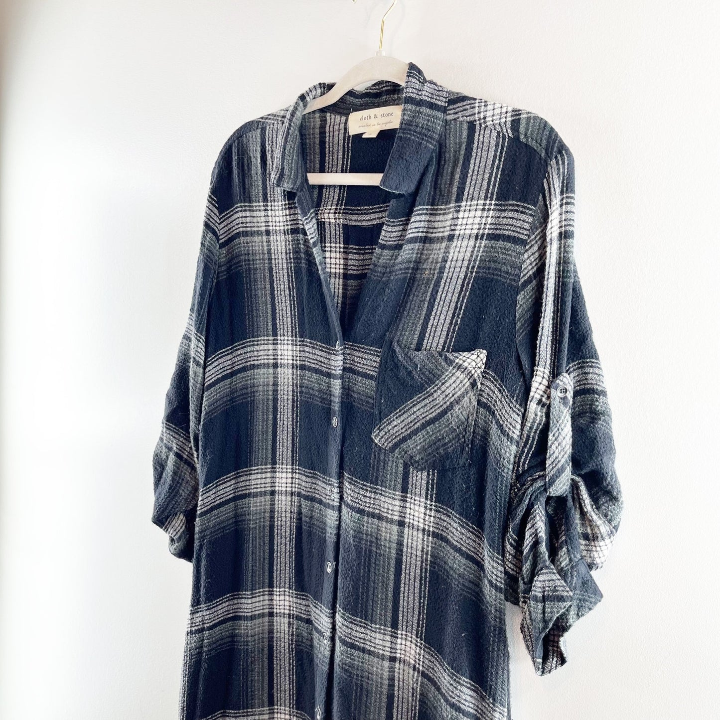 Cloth & Stone Cotton Plaid Flannel Button Up Midi Shirt Dress Black Gray Small