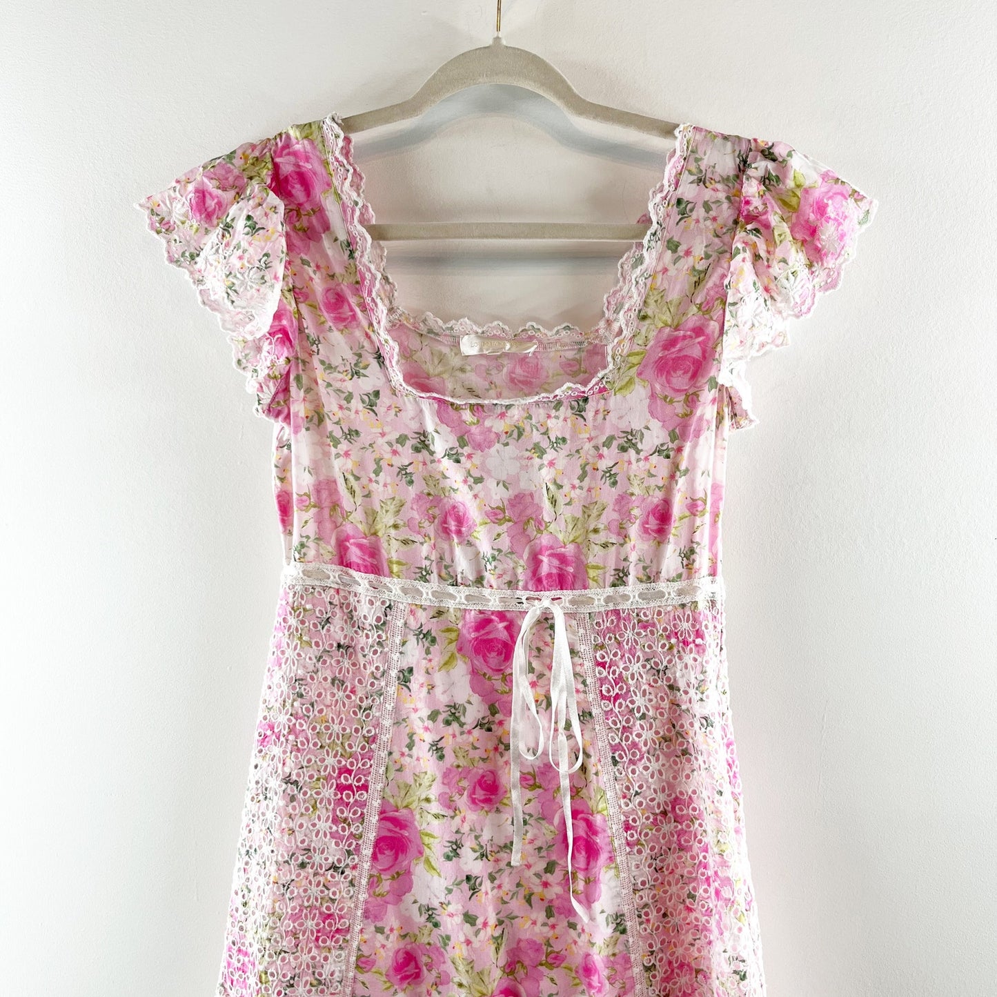 LoveShackFancy Charles Floral Square Neck Short Sleeve Midi Dress Pink White 0