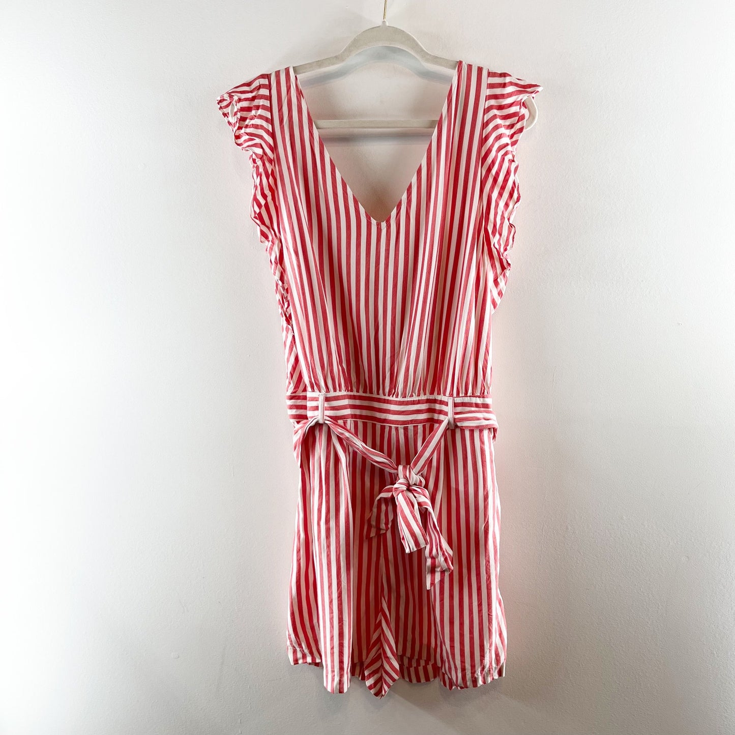 LOFT Striped V Neck Ruffle Shoulder Belted Romper Red White 12