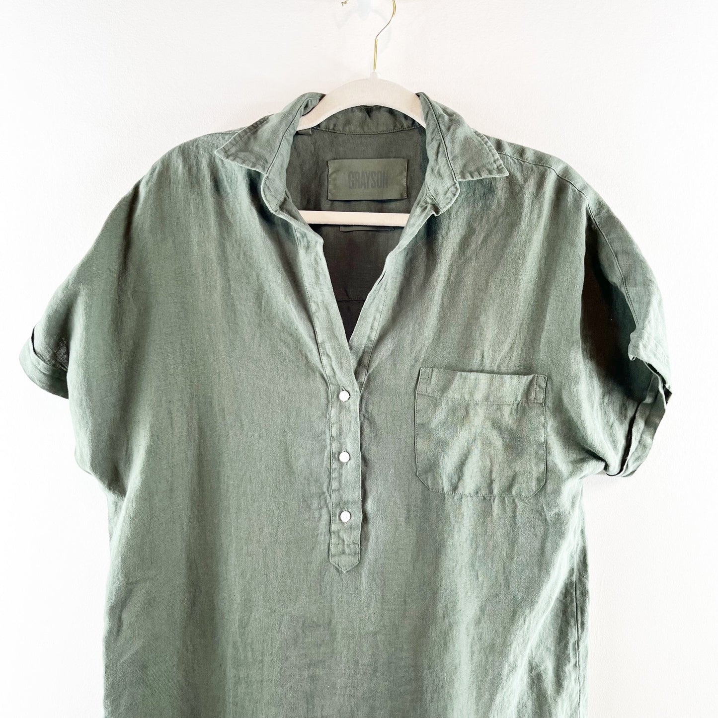 Grayson Linen Short Sleeve Mini Shirt Dress Green 2 / Small