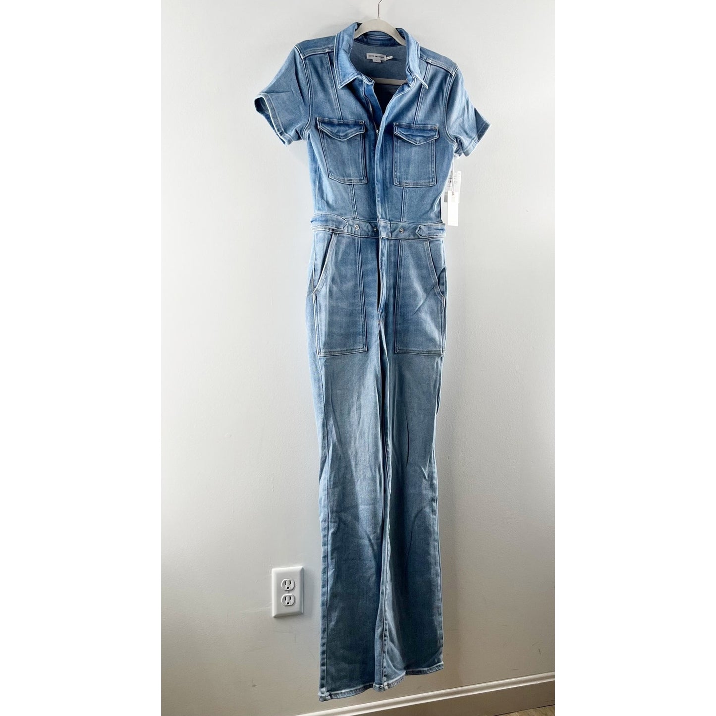 Good American Fit For Success Short Sleeve Bootcut Denim Jumpsuit Blue L