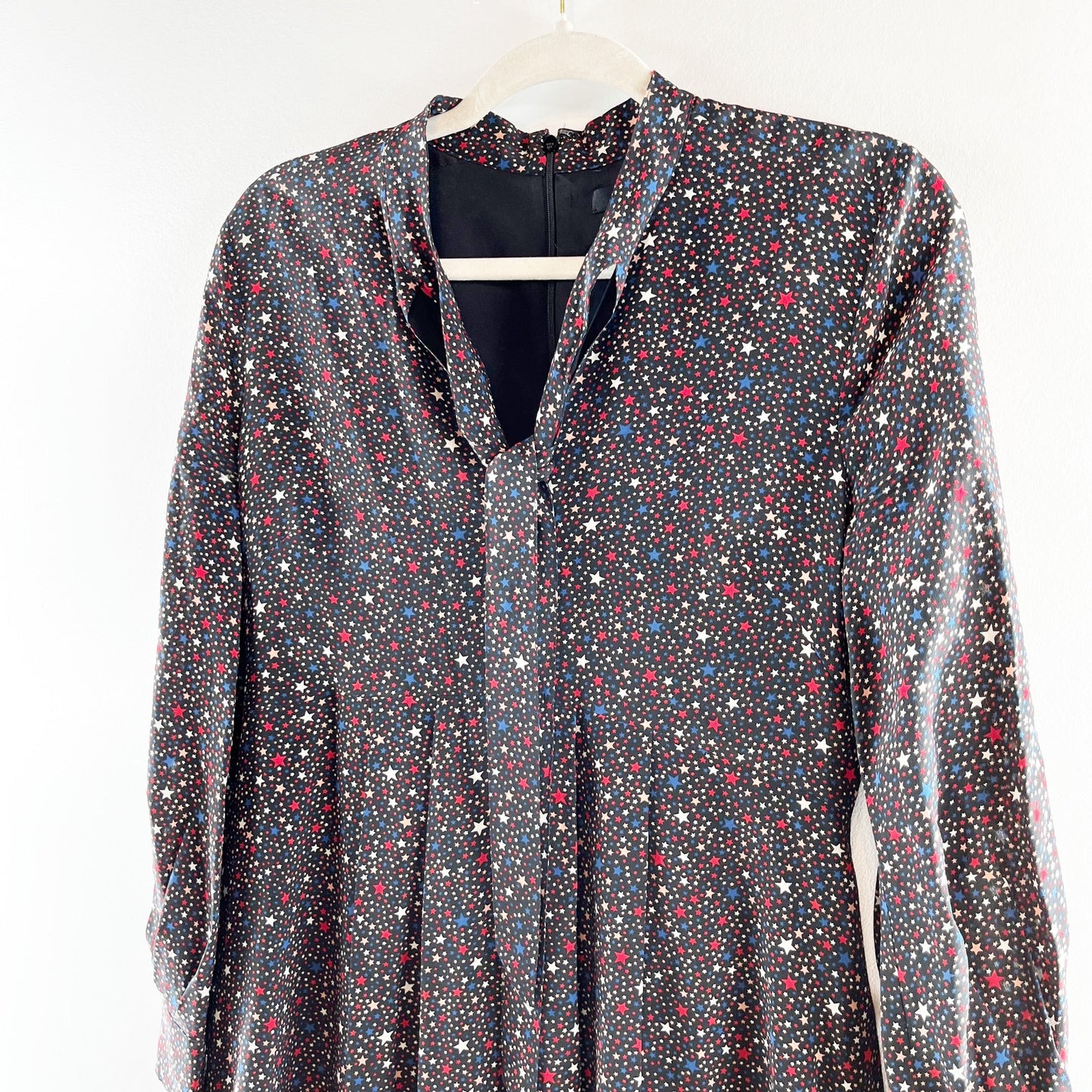 Madewell Long Sleeve Balsam Tie Neck Mini Silk Dress in Starry Night Black 4