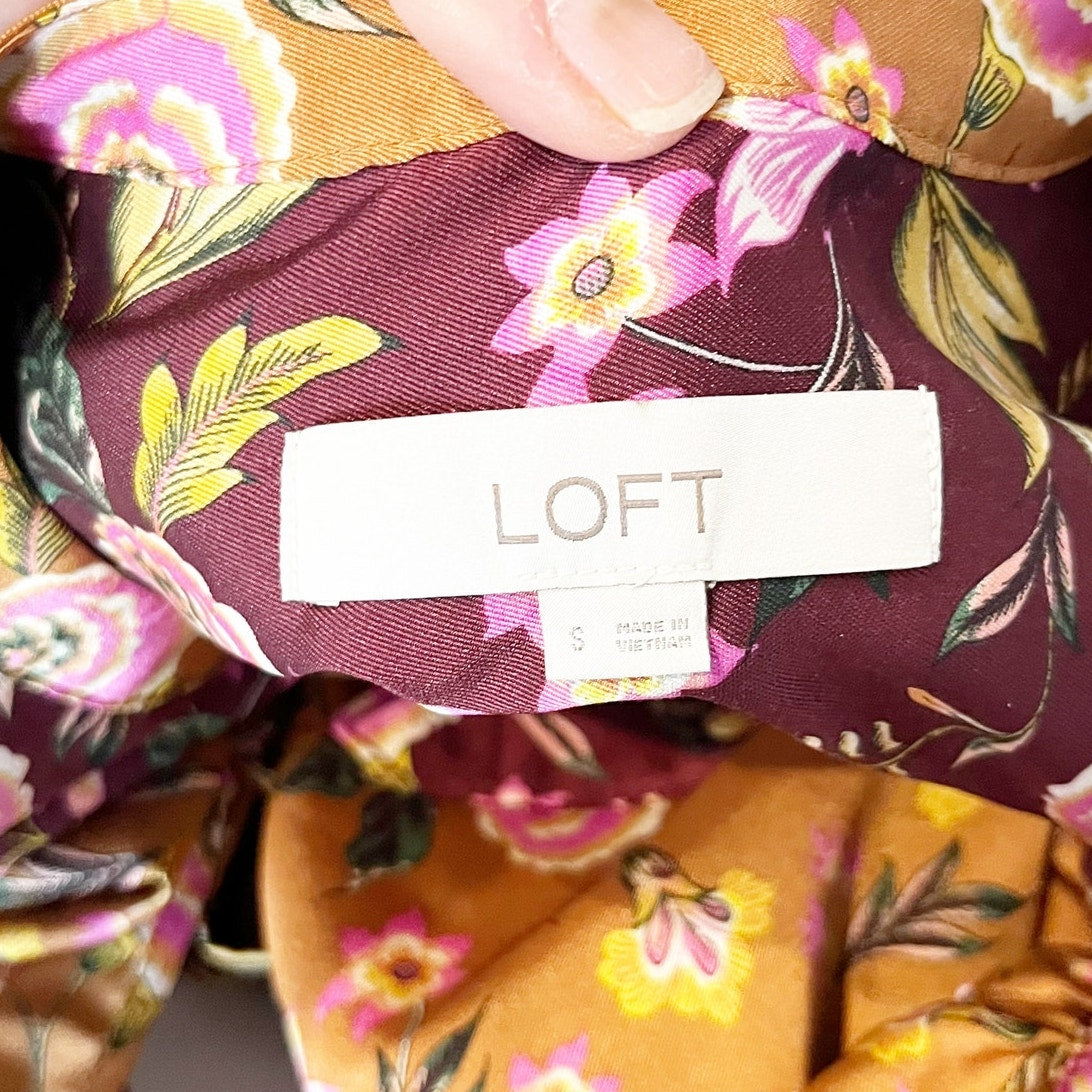LOFT Long Sleeve Button Front Floral Satin Blouse Top Orange Maroon Small