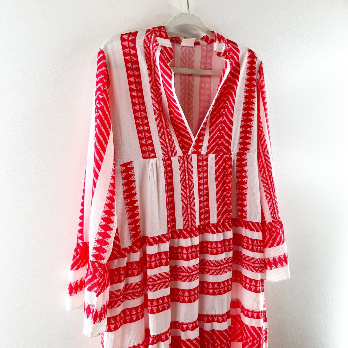 Silk & Salt V Neck Aztec Long Sleeve Midi Dress Red White Medium