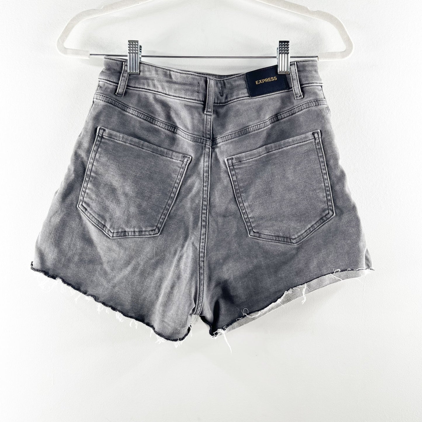 Express Super High Waisted Denim Raw Hem Curvy Jean Mom Shorts Faded Black 6
