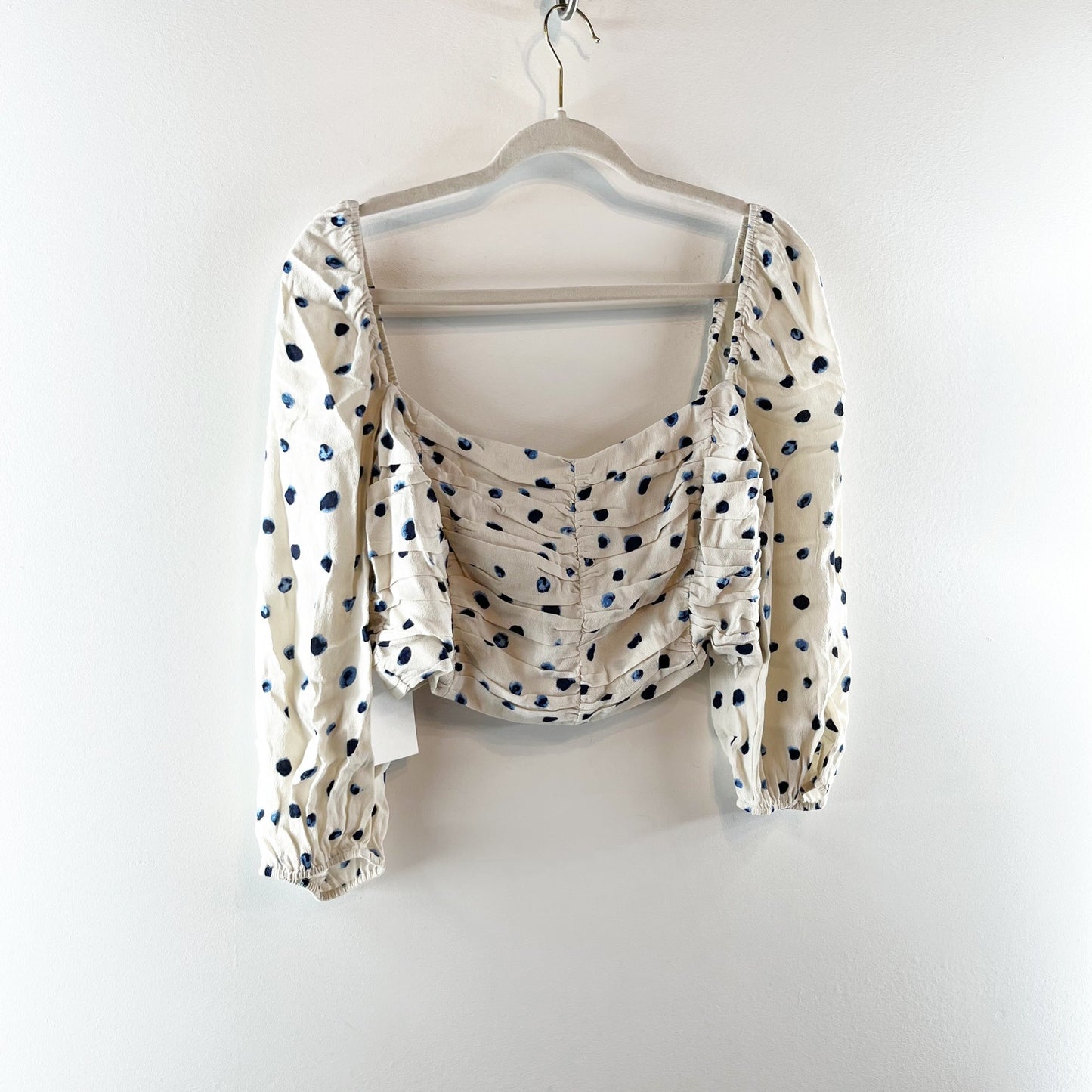 Wilfred Puff Sleeve Polka Dot Crop Lolita Blouse Birch Classic Navy Large NWT
