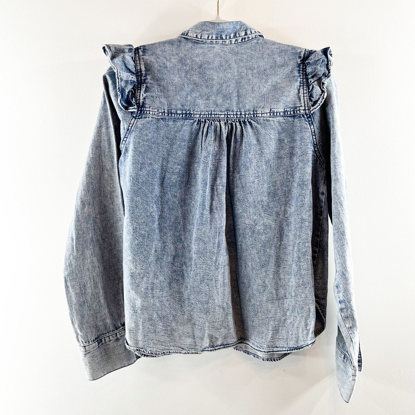 Free People Samantha Long Sleeve Ruffle Button Down Denim Shirt Blue XS