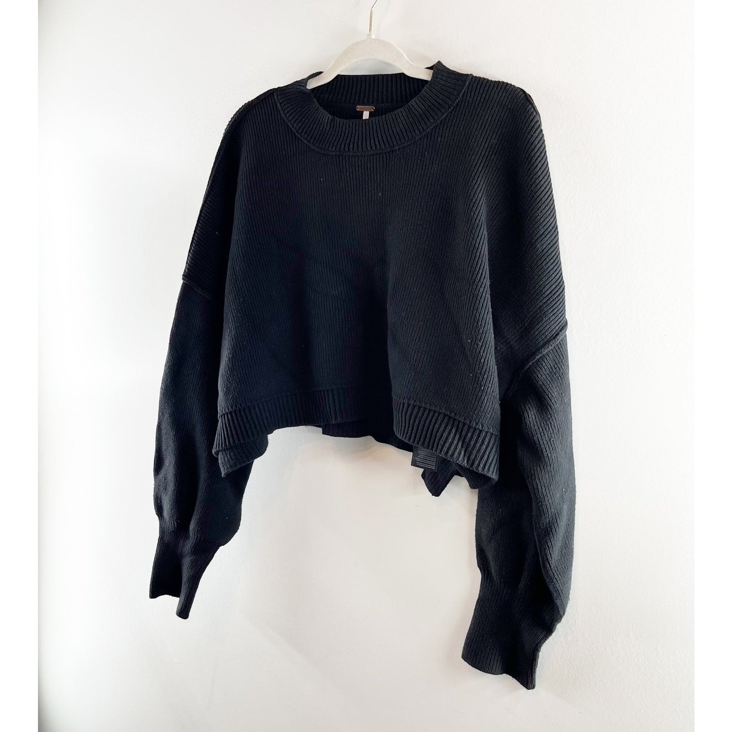Free People Easy Street Cropped Long Sleeve Sweater Black Large