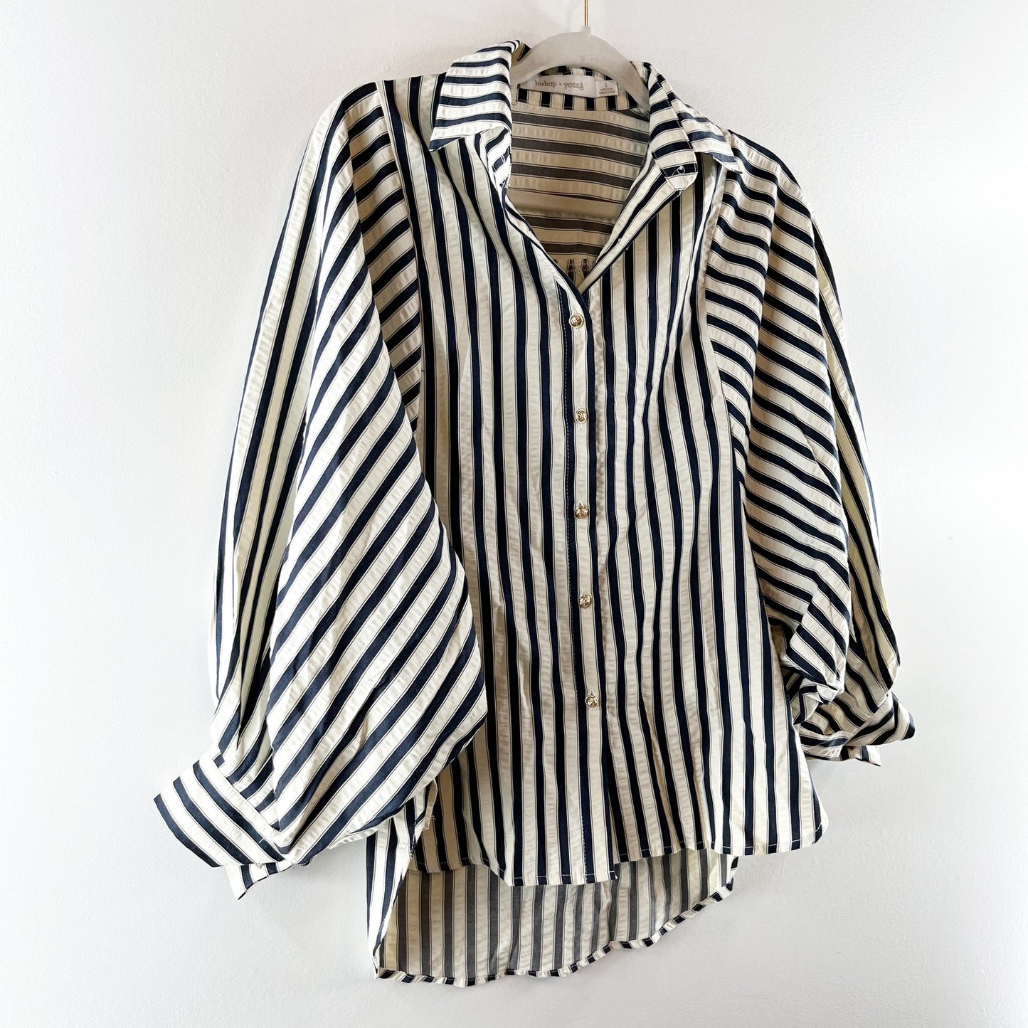 Bishop + Young Aly Striped Long Sleeve Button Front Blouse Cream Navy Blue Small