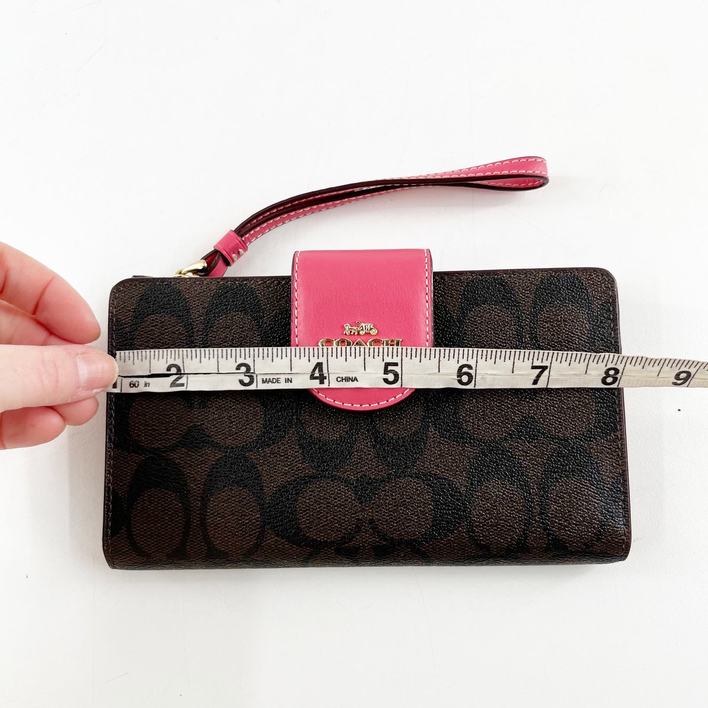 Coach Signature C Logo Canvas Tech Wallet Wristlet Brown Pink