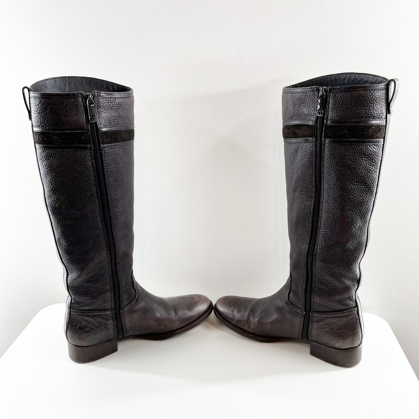 Tory Burch Alaina Pebbled Leather Tall Riding Boots Black Dark Brown 10