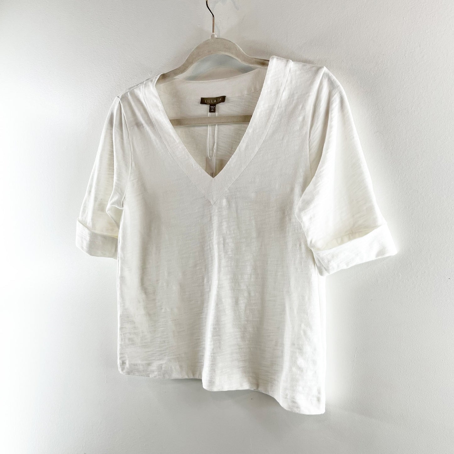 Lilla P V Neck Elbow Sleeve Cotton Tee Shirt White XS