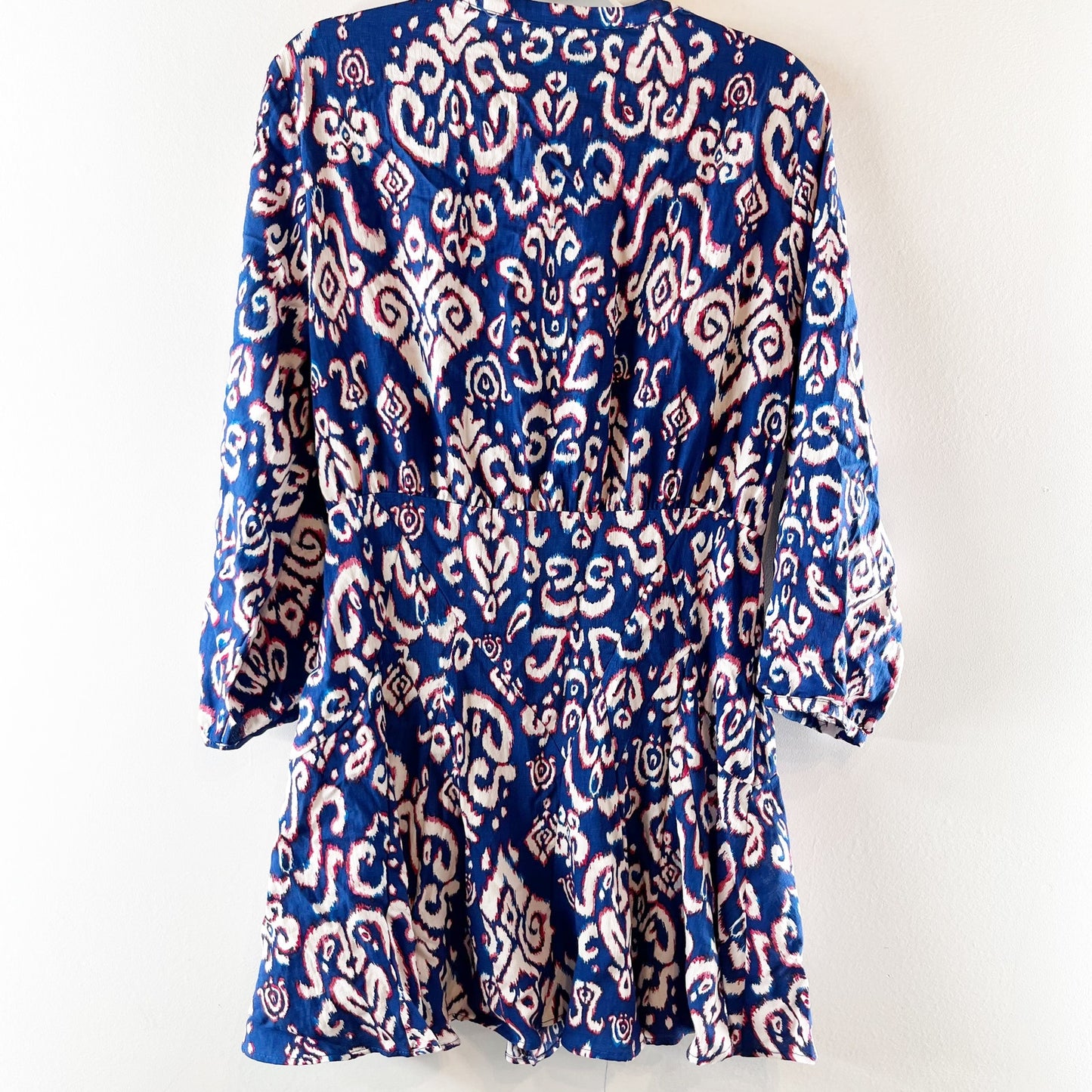 ZARA Printed V Neck Long Sleeve Mini Dress Blue White Medium