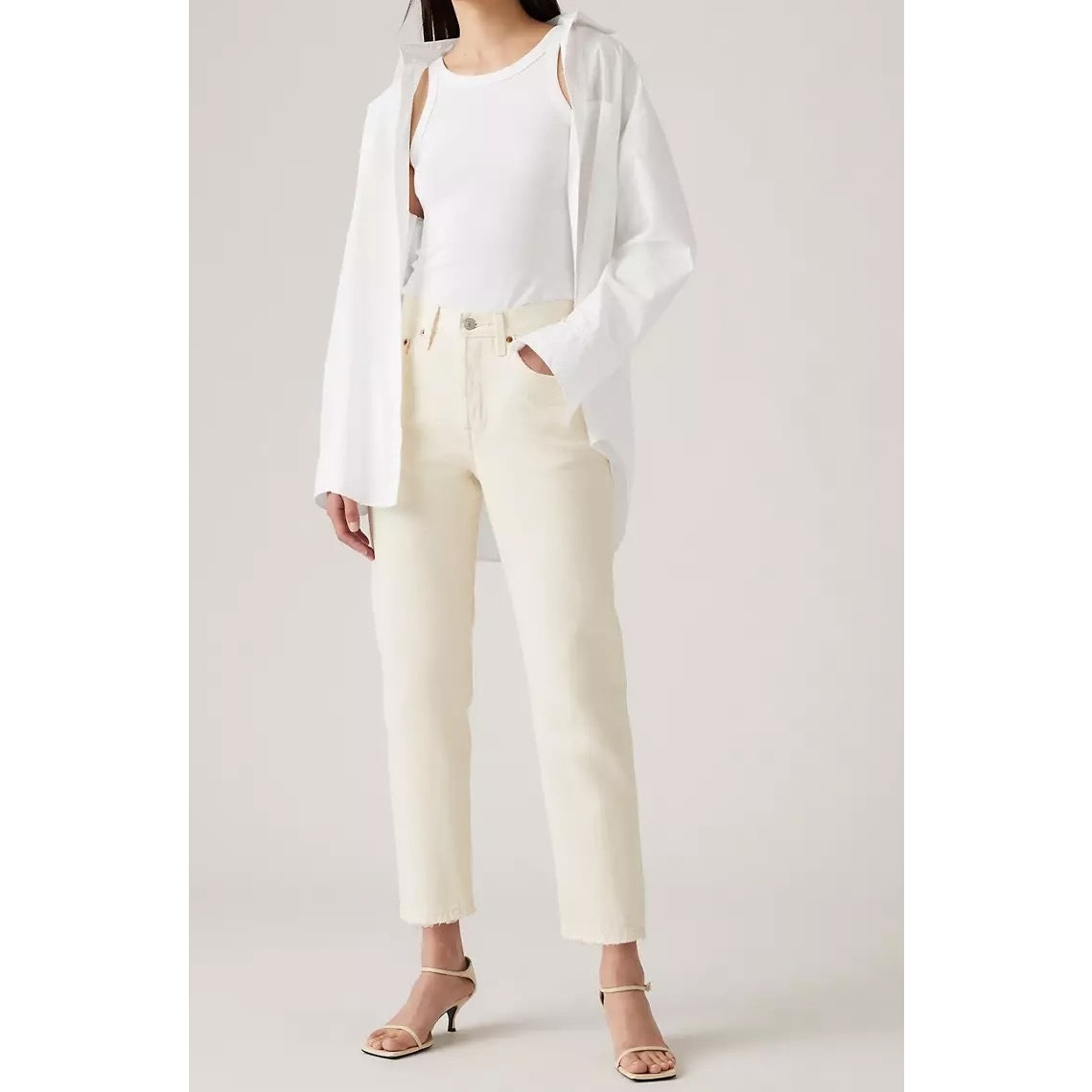 Levi's 501 Original Cropped High Rise Cotton Button Fly Jeans Ecru White 28