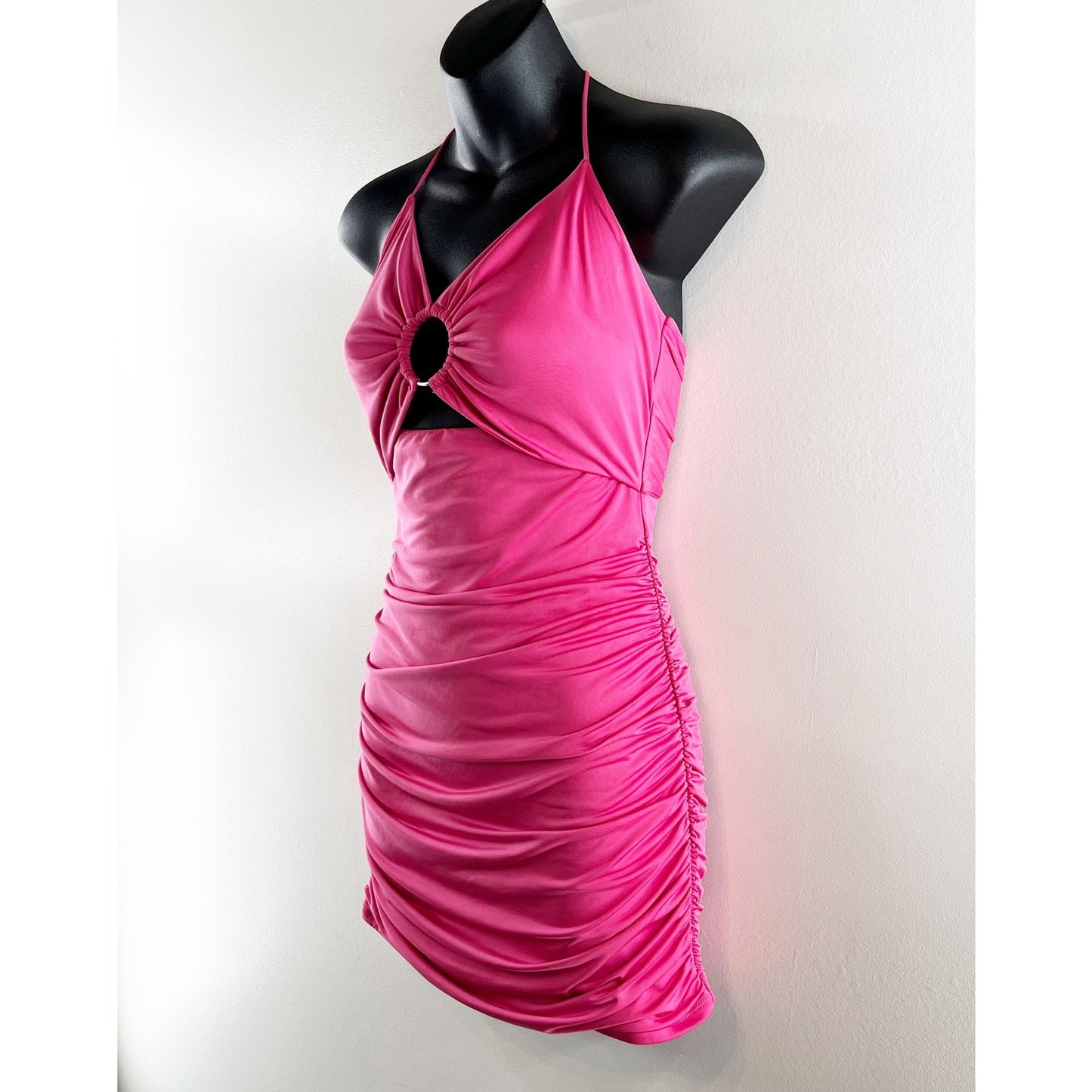 Lucy In The Sky Ruched Halter Key Ring Cutout Bodycon Mini Dress Pink Small