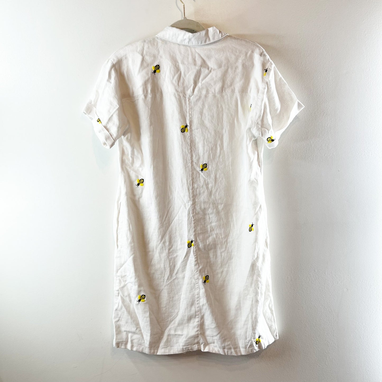 Joie Short Sleeve Button Up Embroidered Bumble Bee Print Shirt Dress White Small