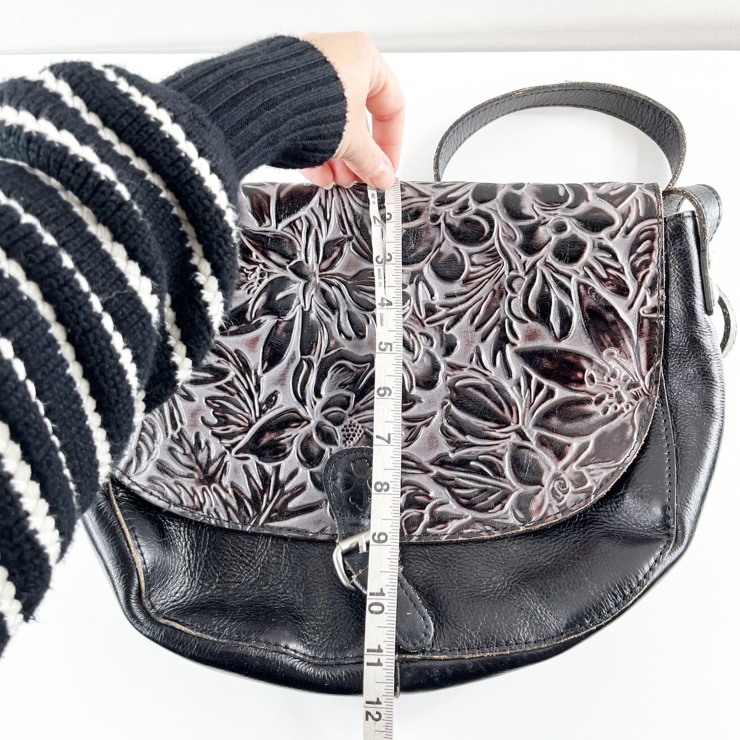 Patricia Nash Rosolino Leather Tooled Floral Flap Crossbody Bag Black