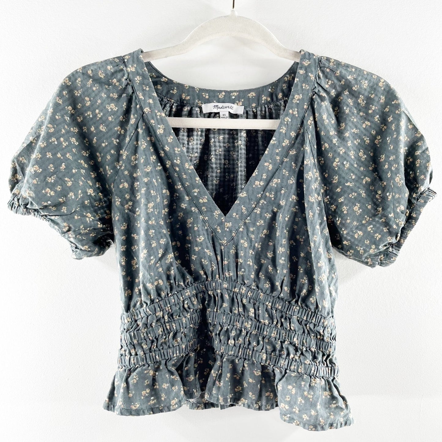 Madewell Poplin Puff-Sleeve Smocked Crop Top in Bitsy Bouquet Green XS