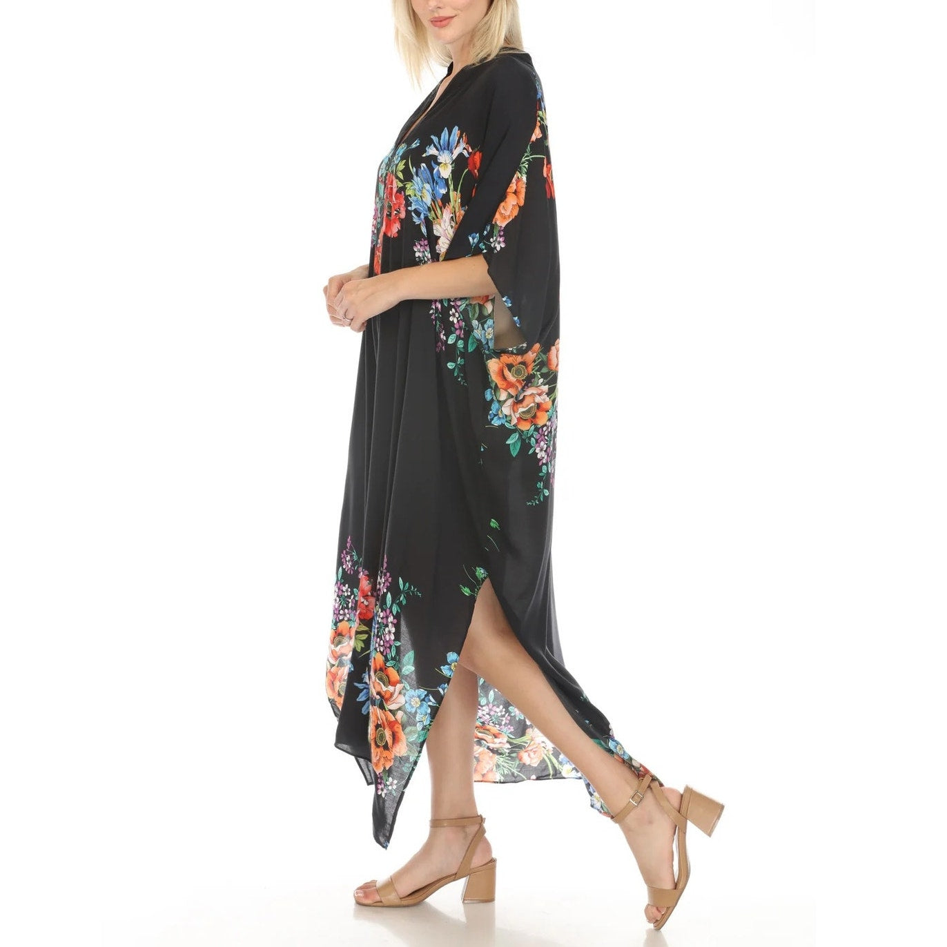 Johnny Was Flower Arch Short Sleeve Midi Kaftan Kimono Cover Up Dress Black S/M
