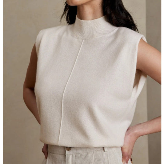Banana Republic Franca Cashmere Padded Shoulder Sweater Sleeveless Cream Top L