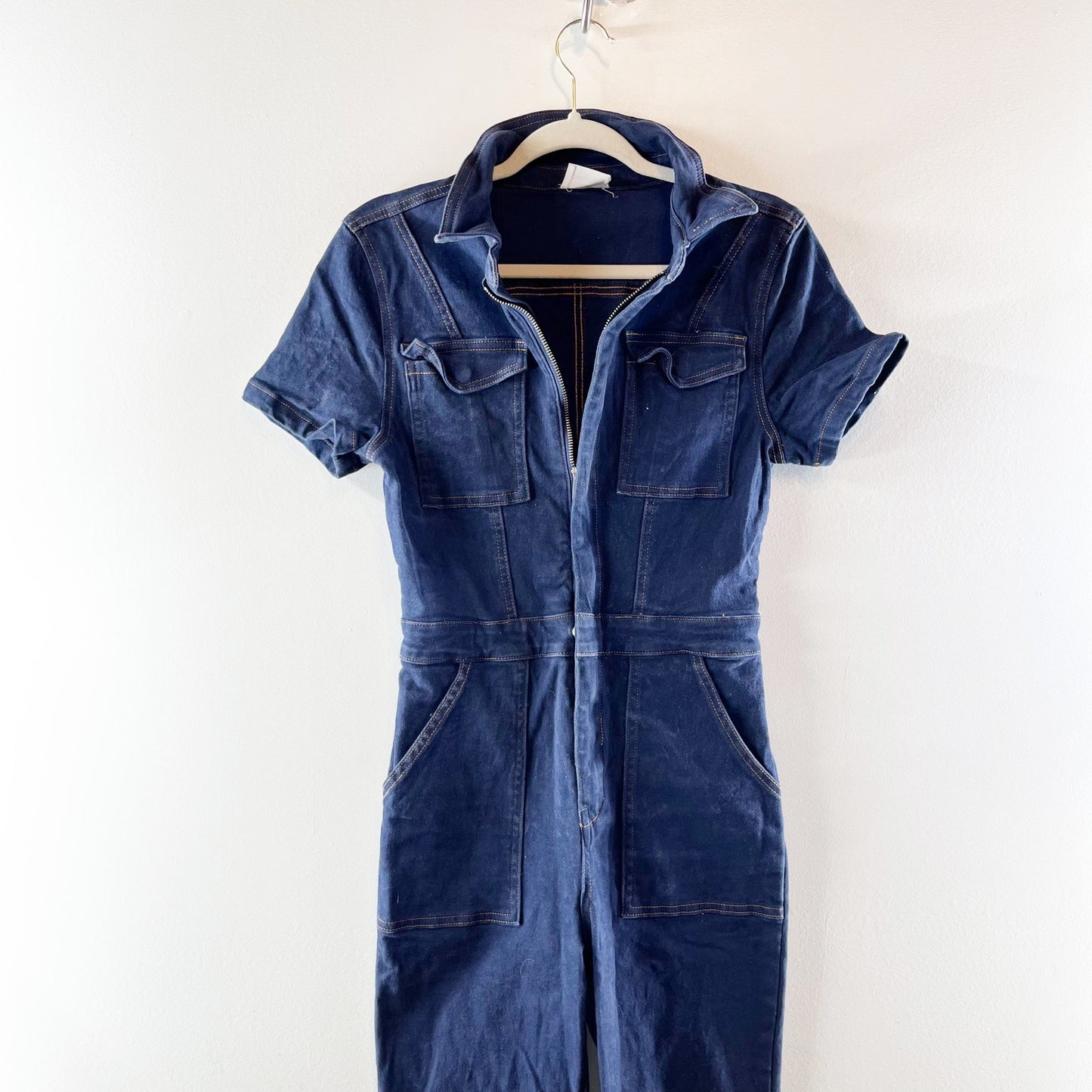 Bobbles & Lace Short Sleeve Utility Flare One Piece Denim Jumpsuit Blue Small