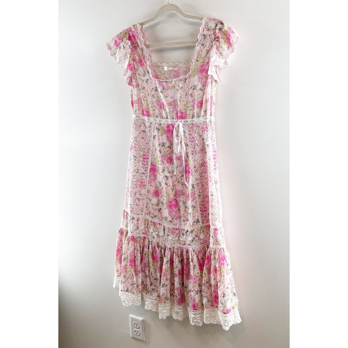 LoveShackFancy Charles Floral Square Neck Short Sleeve Midi Dress Pink White 0