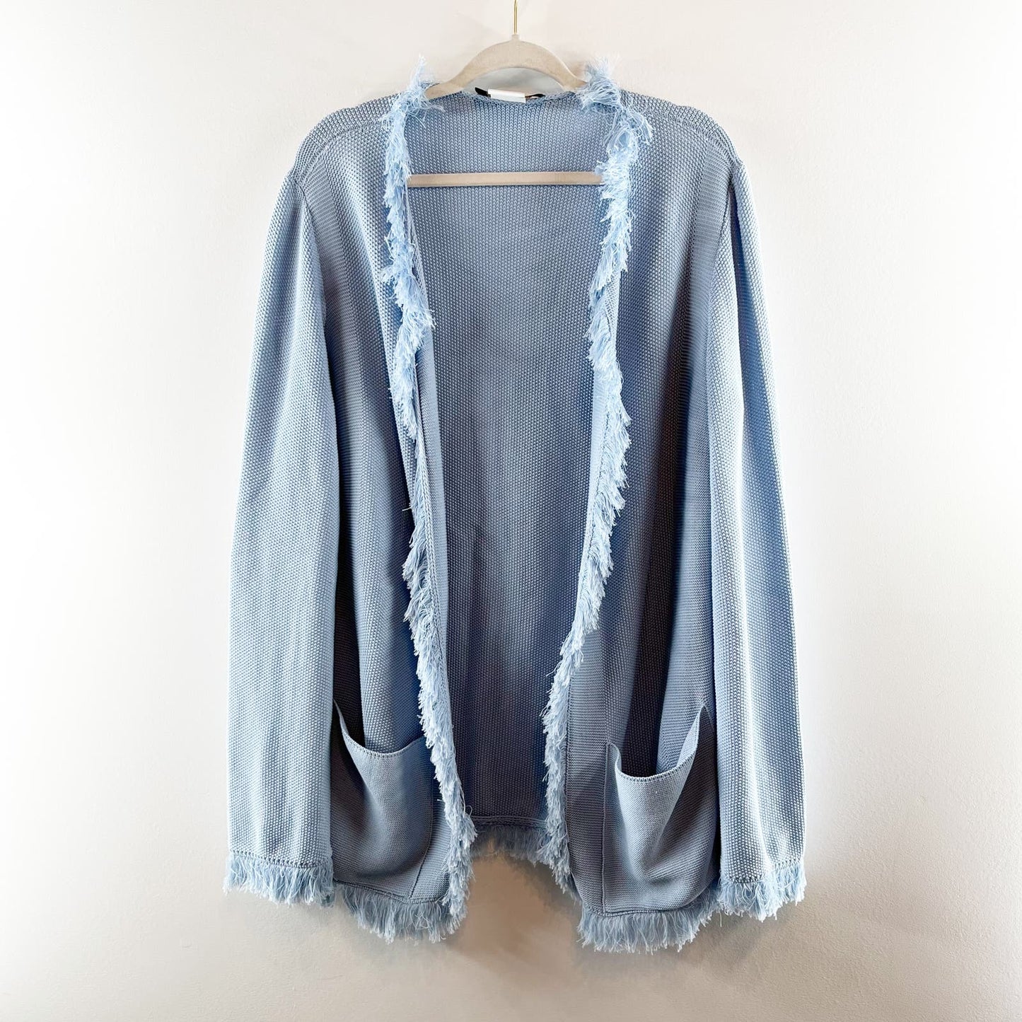 Les Copains Fringed Trim Open Front Cardigan Sweater Blue IT 50 / 1X