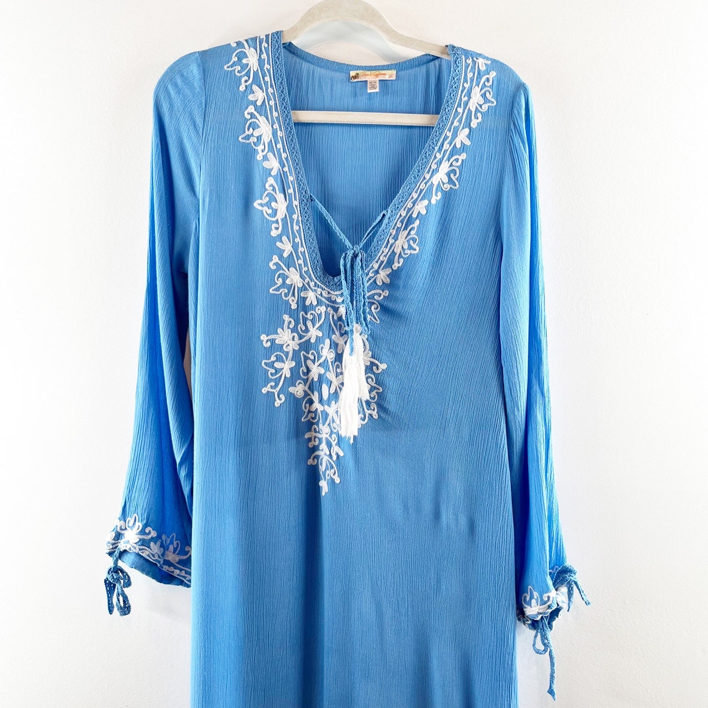 Rise and Bloom Embroidered Long Sleeve Tie Neck Maxi Dress Blue Medium